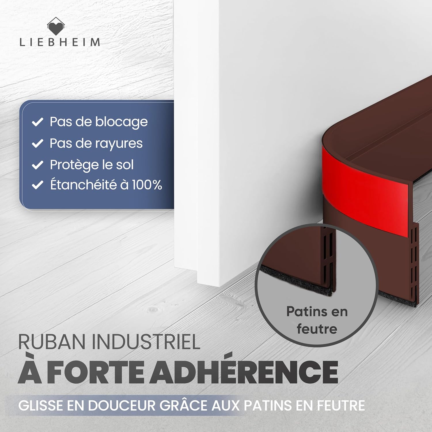 Detalle 2 de Bas de porte isolant LIEBHEIM (boudin + joint) marron – 1 pièce, pour limiter froid, courants d’air et nuisibles