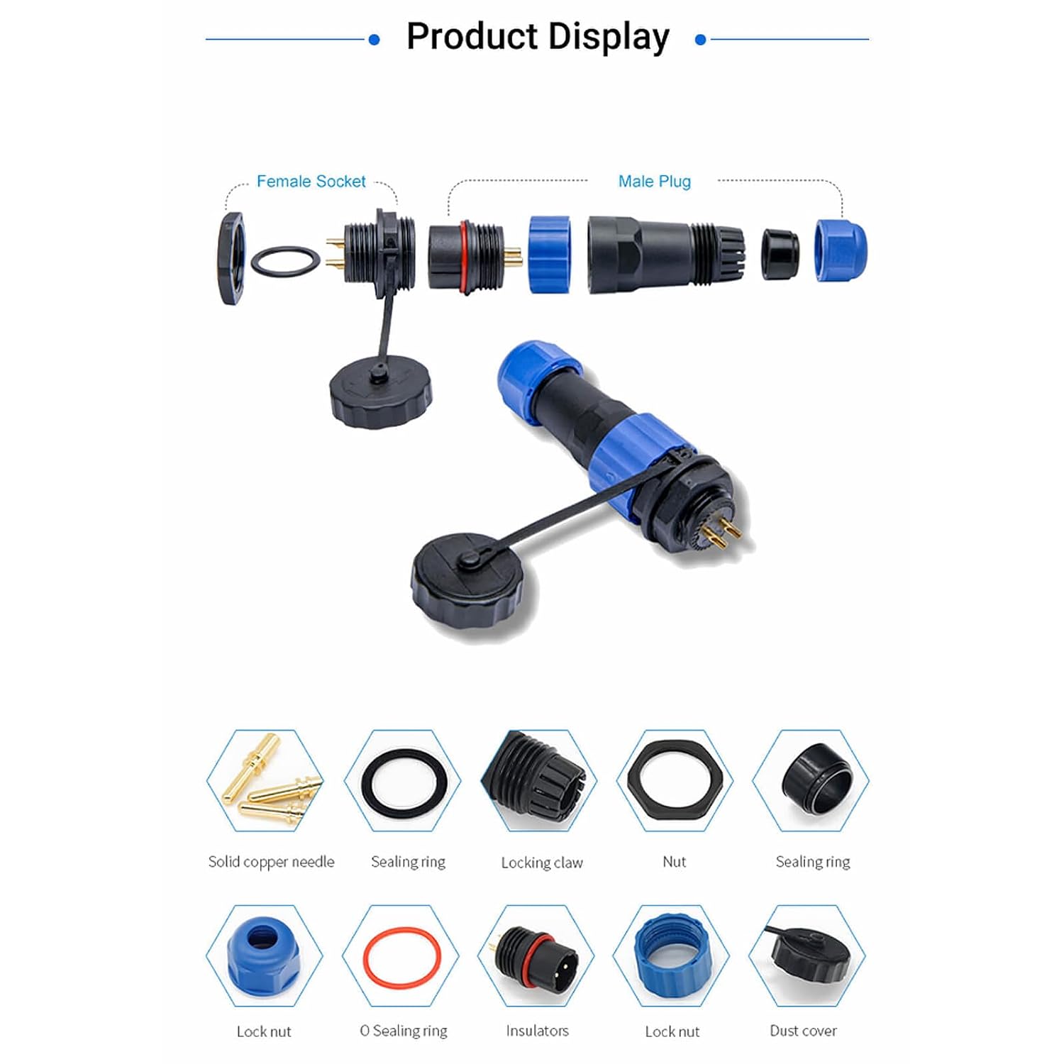 Detalle de Elecbee SP17 7-Pin Aviation Circular Connector System — IP68 Waterproof & Dustproof, Panel Mount Socket + Cable Plug