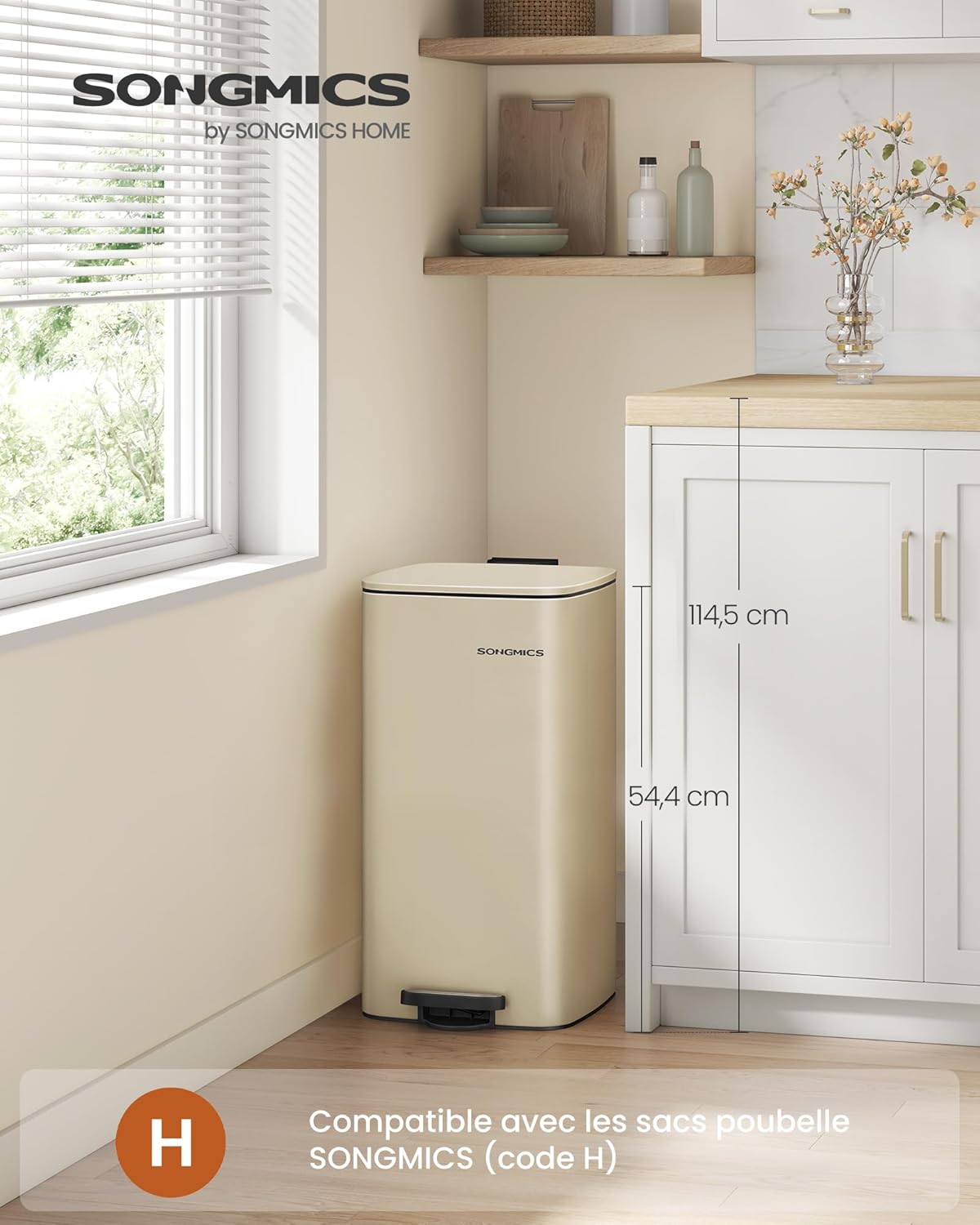 Thumbnail 1 de SONGMICS LTB593A02 – Poubelle de cuisine à pédale 30 L beige sable avec seau intérieur