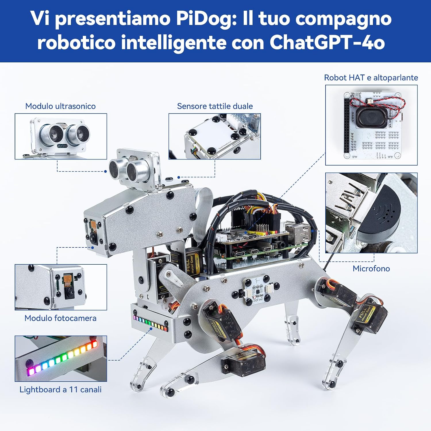 Detalle de SunFounder PiDog AI: Cane robot per Raspberry Pi 5/4/3B+/Zero 2W con multi-LLM, sensori e controllo da app
