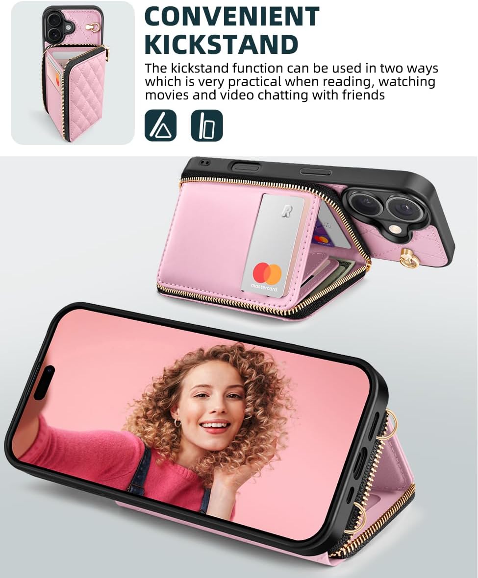 Thumbnail 4 de OCASE Brieftaschen-Hülle für iPhone 17 (6,3 Zoll) mit RFID-Schutz, PU-Leder, Reißverschluss und Trageband – Argyle Rosa