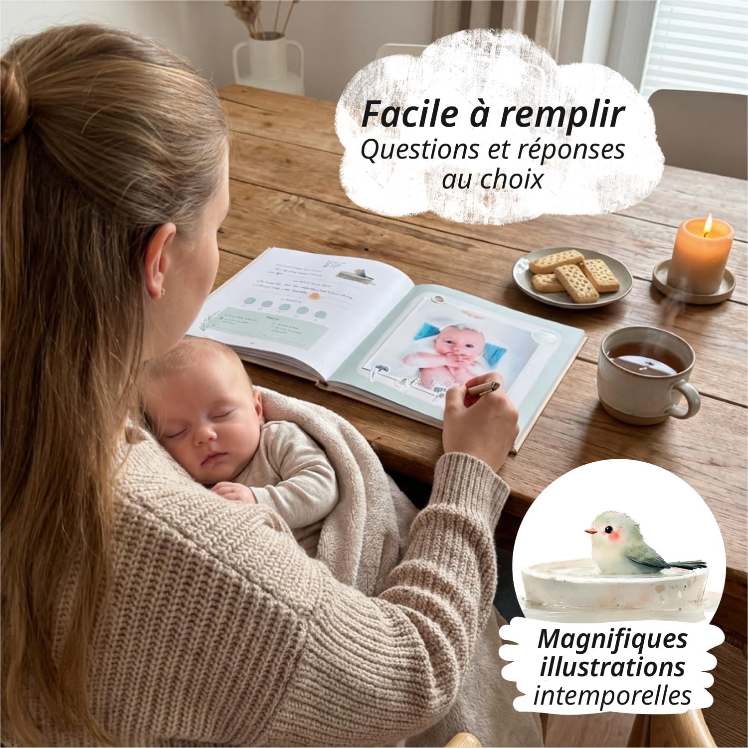 Detalle de Livre de naissance Ma première année + set d’autocollants – Album photo bébé Nature