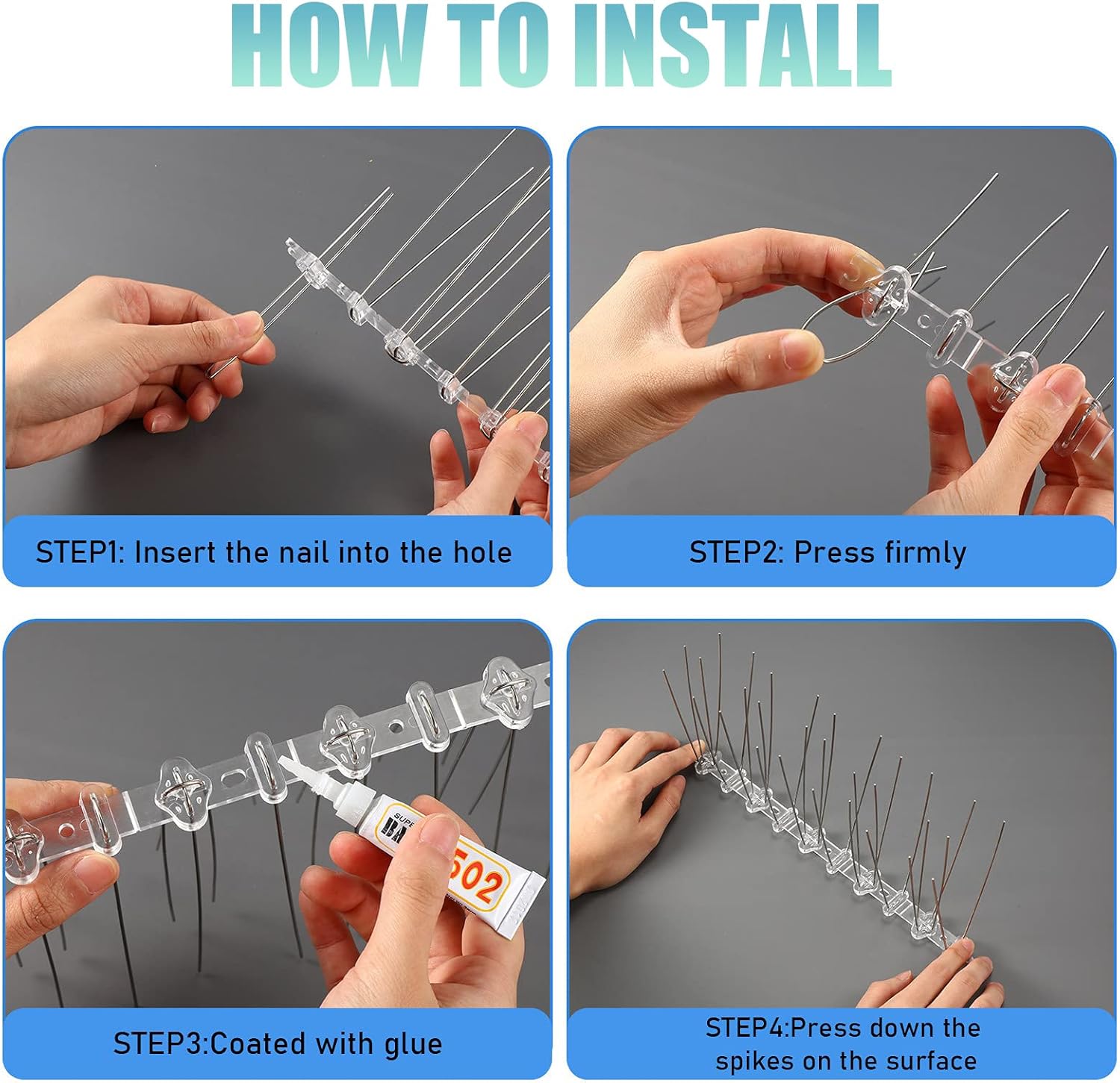 Thumbnail 3 de 8Pcs Bird Spikes, Pigeon Spikes Kit Cover 2M – Humane Bird Deterrent for Gardens, Balconies and Roofs