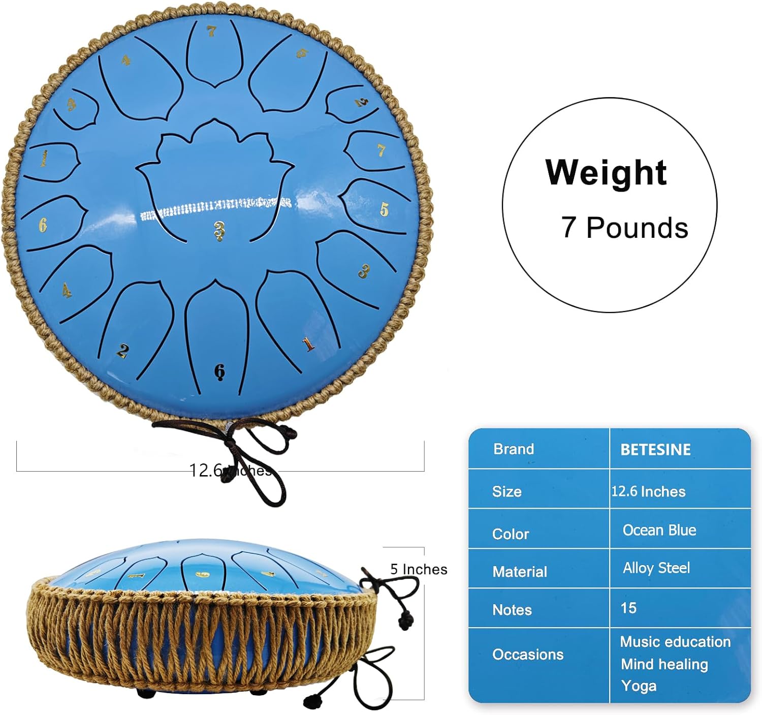 Thumbnail 2 de BETESINE 13-Inch 15-Note Steel Tongue Drum in C Major (Ocean Blue)