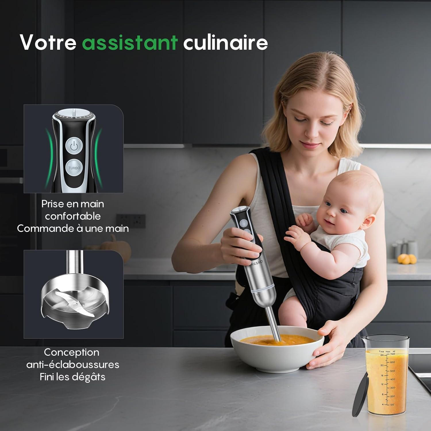 Thumbnail 5 de Mixeur plongeant Fresko 1000 W : 12 vitesses + turbo, bol 700 ml en inox