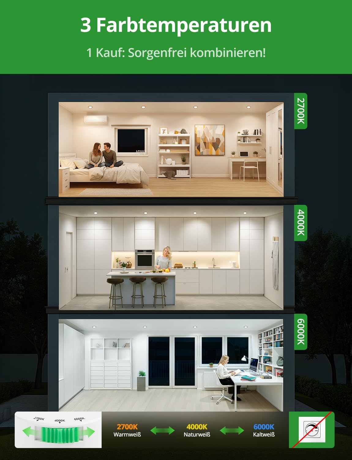 Thumbnail 1 de HOMEOW 6er-Set LED-Einbaustrahler 230V, 5W – 3 Farbtemperaturen, ultraflach, IP44