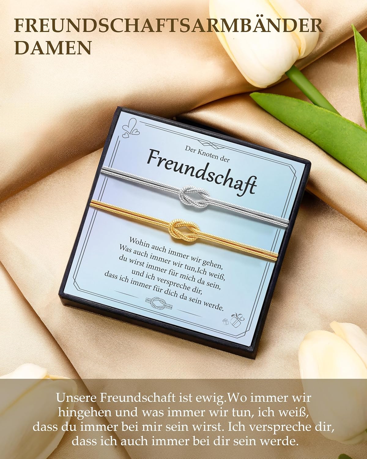 Detalle de 2er Freundschaftsarmbänder Set aus Silber 925 und 14K Gold – Verstellbares Knotenarmband, Geschenkbox