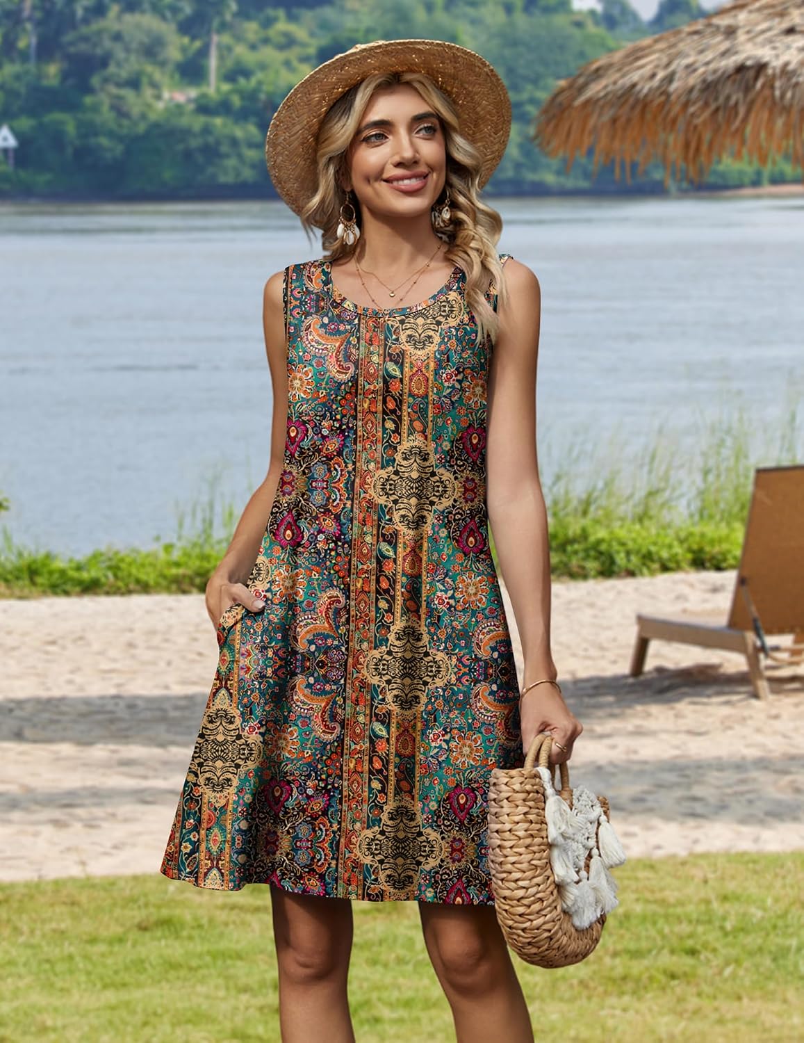Detalle de Zeagoo Summer Dresses for Women 2026 Sleeveless Floral Tank Sundress with Pockets