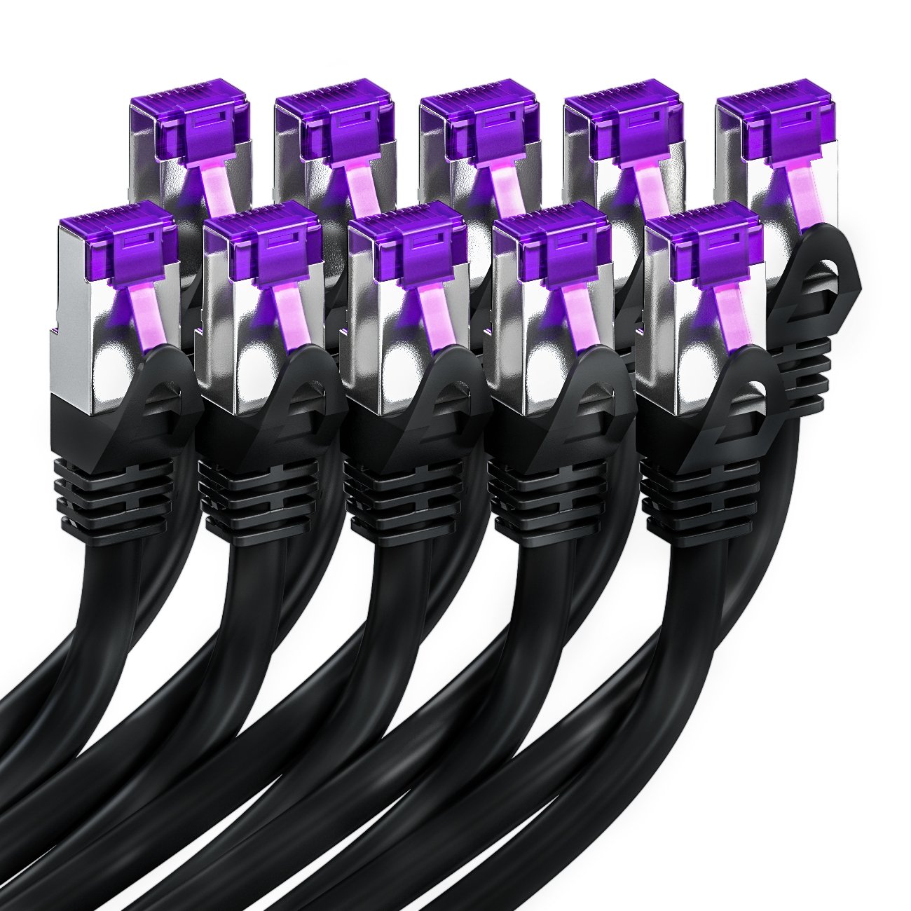 Detalle 2 de deleyCON 10x 2m CAT7 Netzwerkkabel – S/FTP PiMF, 10 Gigabit, Kupfer RJ45 Patchkabel Schwarz