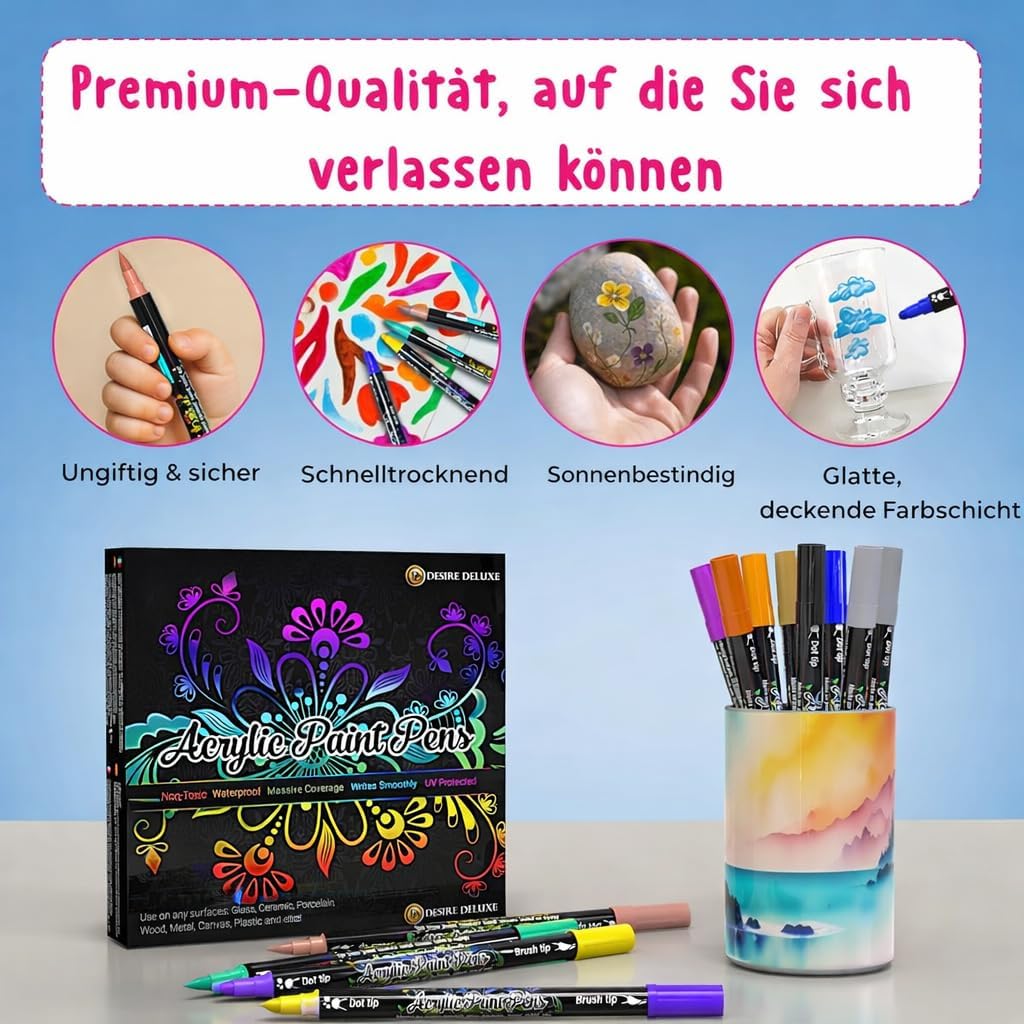 Detalle de Desire Deluxe Acrylstifte (26, doppelseitig, mehrfarbig) zum Bemalen von Steinen, Keramik, Glas, Holz & Leinwand