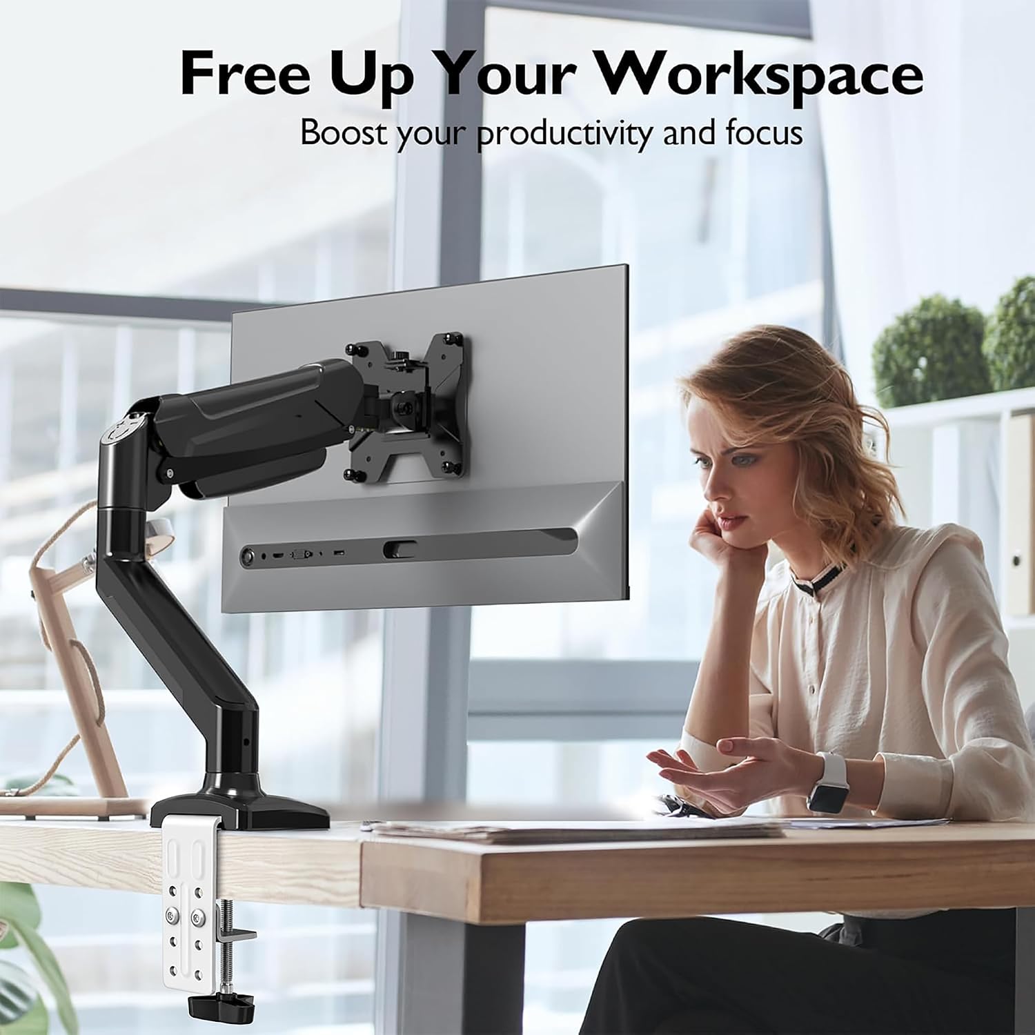 Detalle de BONTEC Supporto Monitor Regolabile da 13" a 32" con Braccio, Rotazione 360°, Inclinazione ±90°, Altezza Gas e Gestione Cavi – VESA 75/100