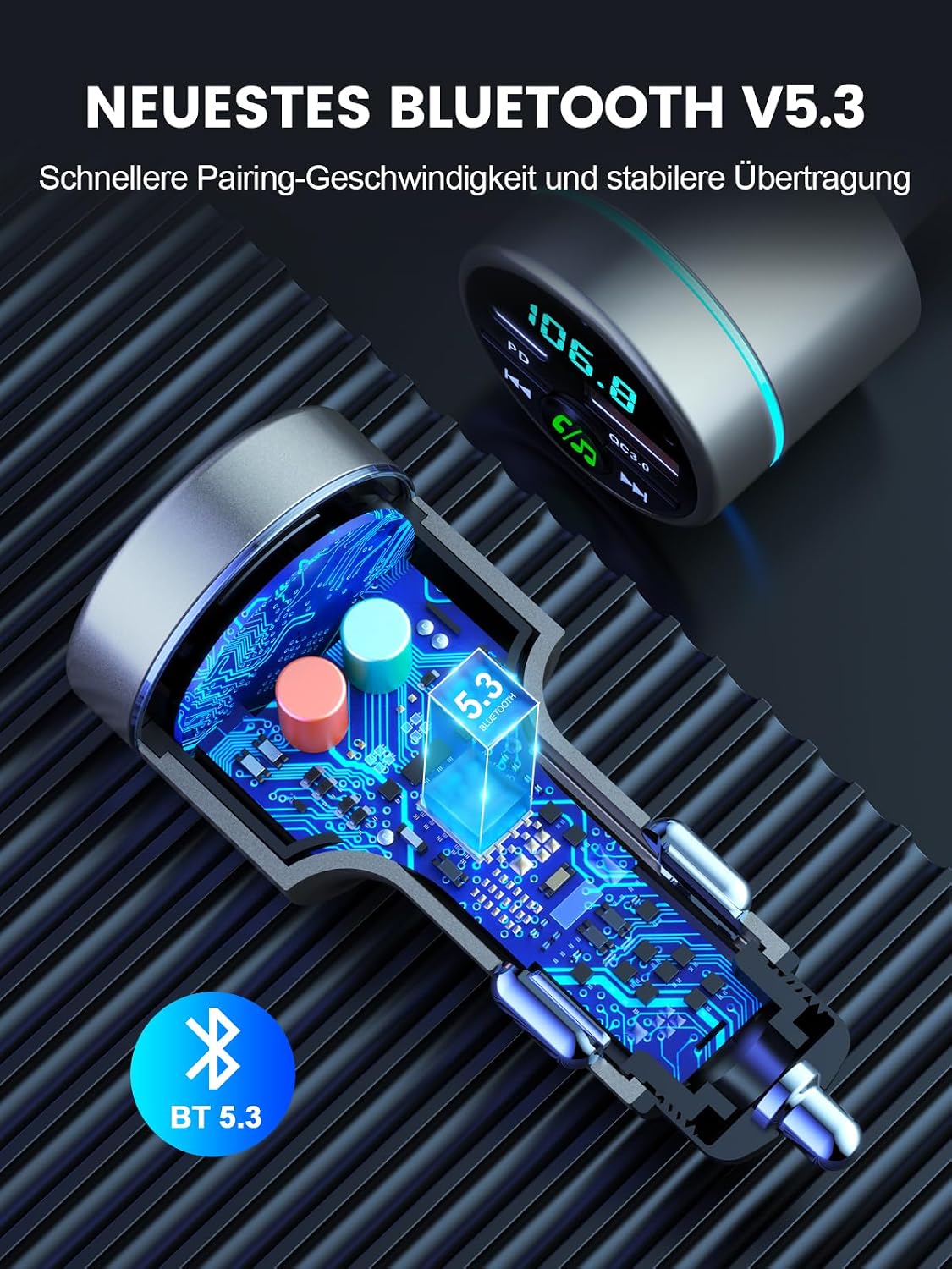 Detalle de Mohard Bluetooth Adapter Auto – Ganzmetall FM Transmitter mit PD 30W & QC3.0 18W Schnellladung, Bluetooth 5.3, Freisprechanlage, Ringlicht