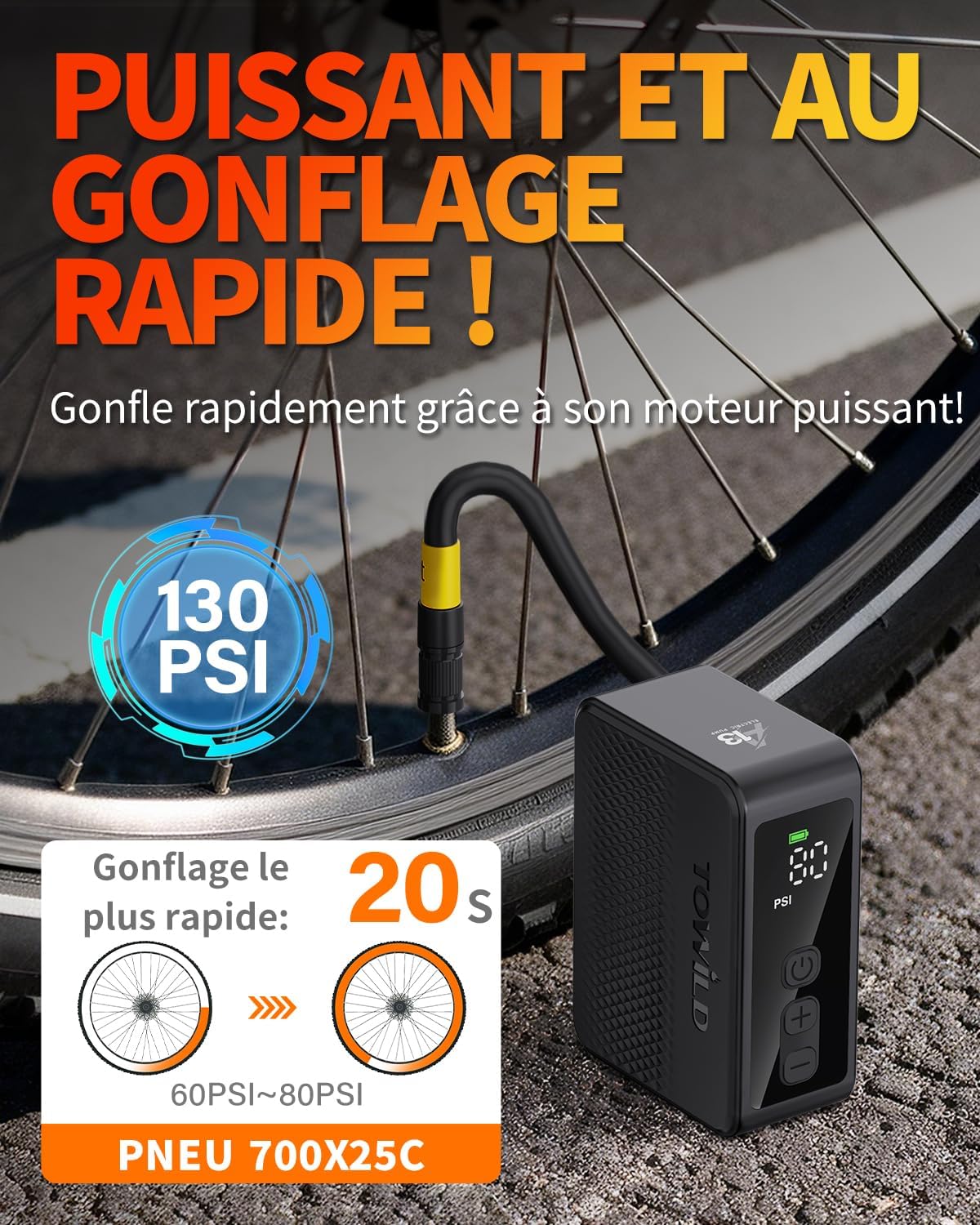 Thumbnail 1 de TOWILD A13 – Mini pompe à vélo électrique portable jusqu’à 130 PSI, compatible Presta & Schrader, recharge USB Type-C