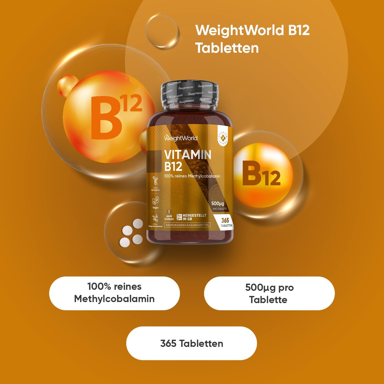 Thumbnail 1 de Vitamin B12 500 mcg pro Tablette – 365 vegane Tabletten mit reinem Methylcobalamin (Vitamin B12) von WeightWorld
