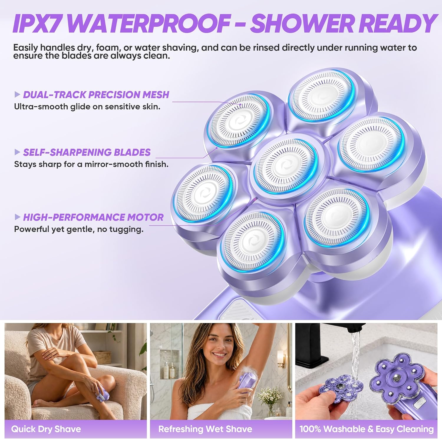 Detalle 2 de Electric Shaver for Women with 7D Magnetic Heads – All-in-One Wet & Dry Body Grooming Kit (Purple)