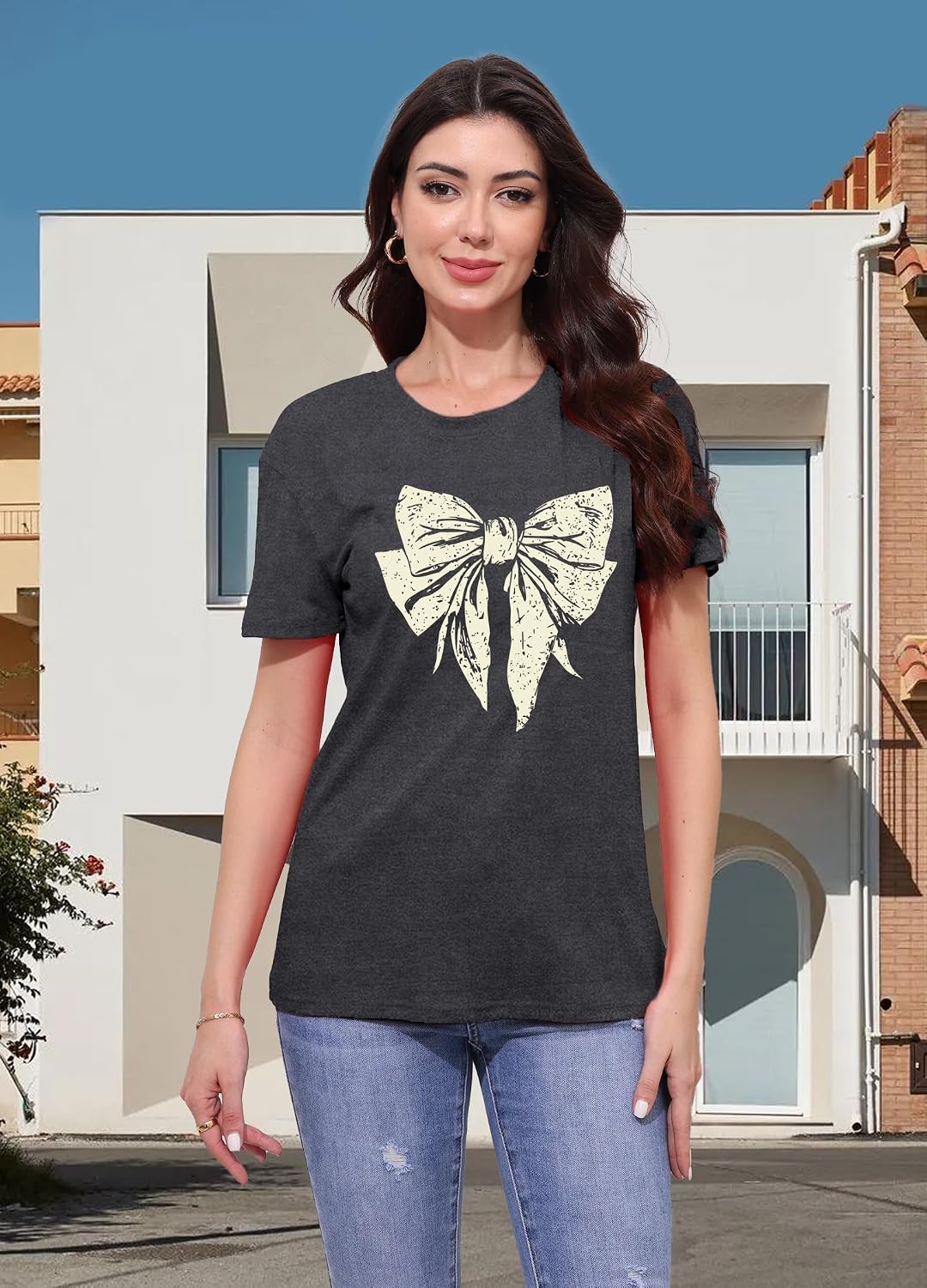 Thumbnail 1 de Qskall Bow-Themed Leopard Print T-Shirt with Pink Bowknot Detail (Women’s)