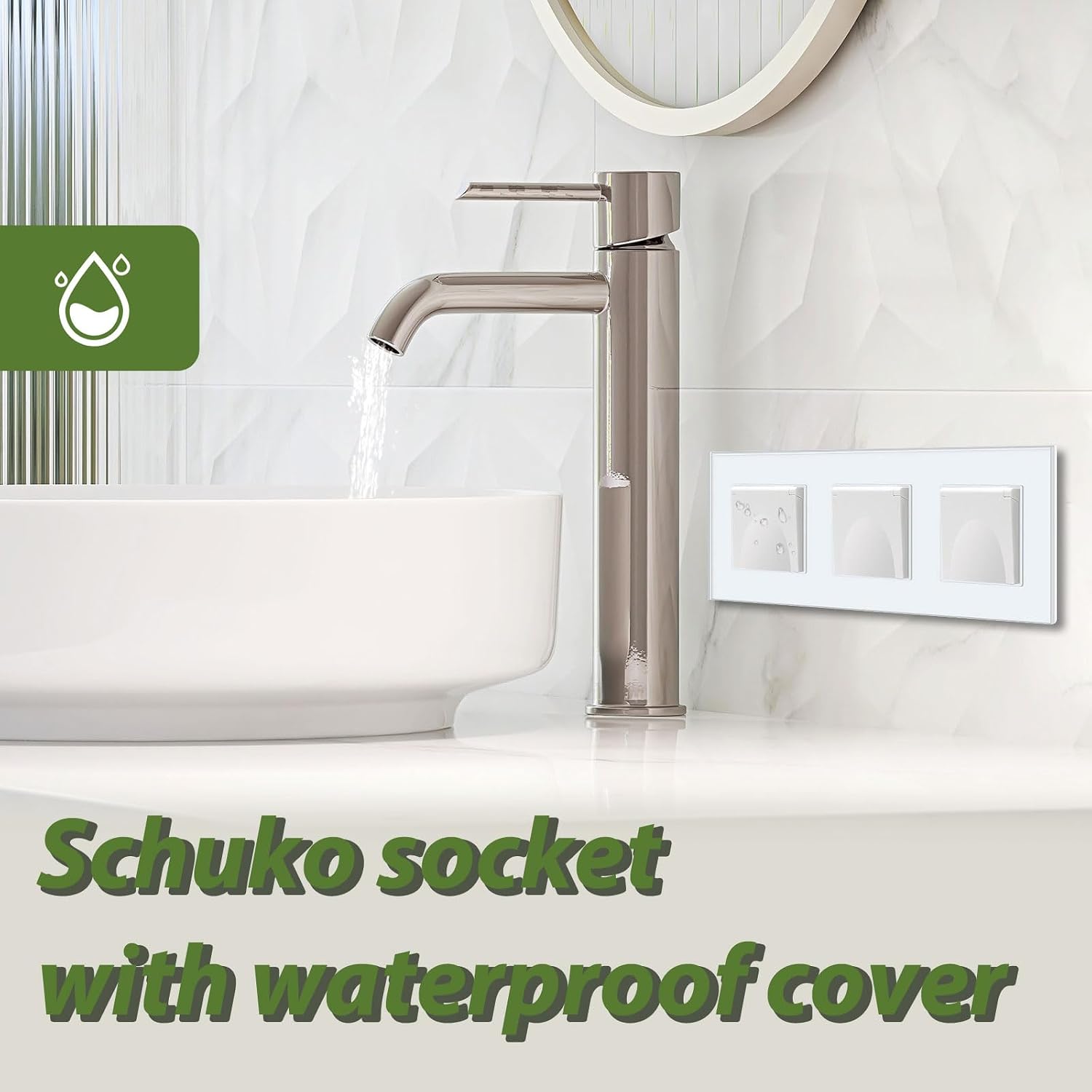 Detalle 2 de BSEED Unterputz-Steckdose 3-fach mit wasserdichter Abdeckung, Kristallglas-Panel – horizontal nutzbar