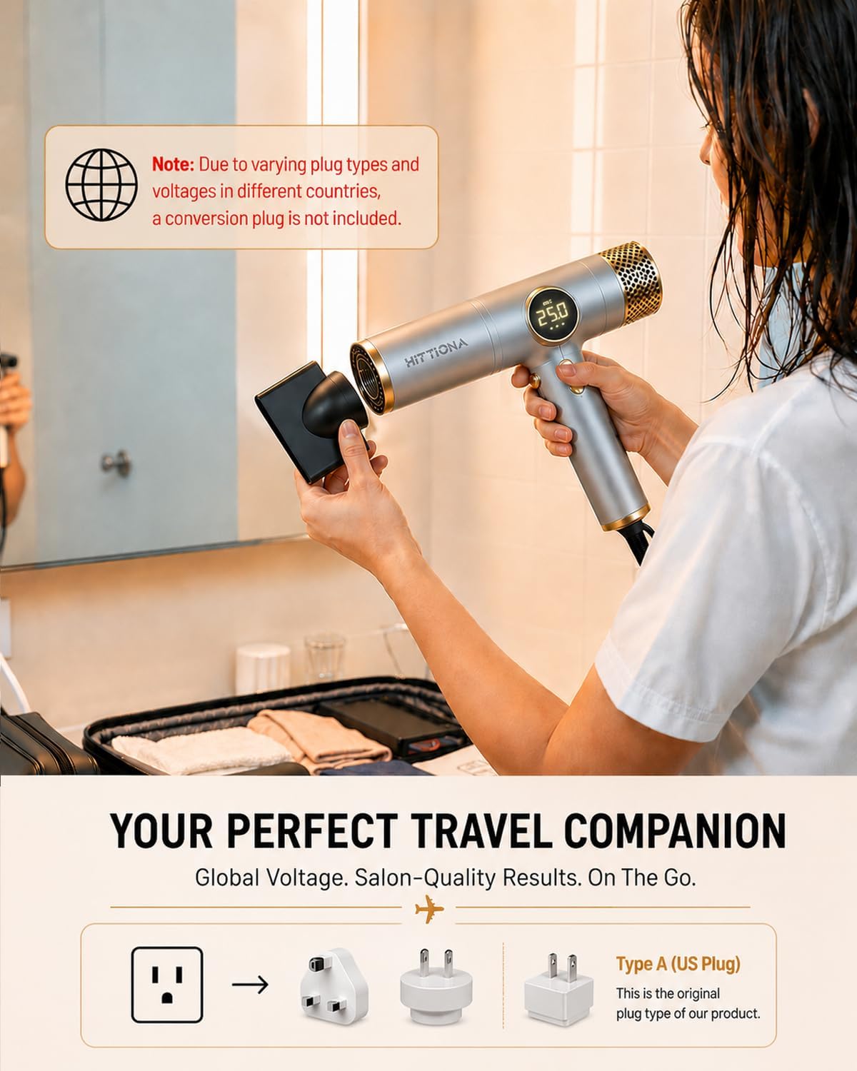Detalle de Dual Voltage Travel Hair Dryer Ionic Blow Dryer 2000W – Compact, Lightweight, and Quiet for Global Use