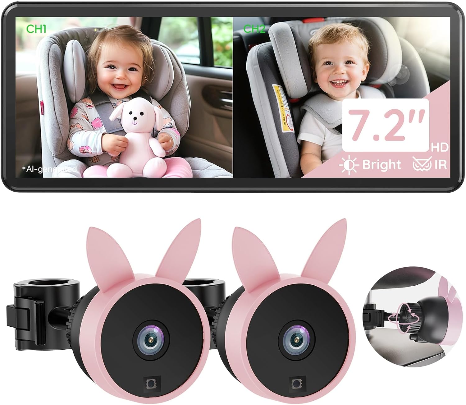 Detalle de Babyvue BV3PRO Dual Baby Car Camera, 7.2-Inch 1080p Split-Screen Monitor