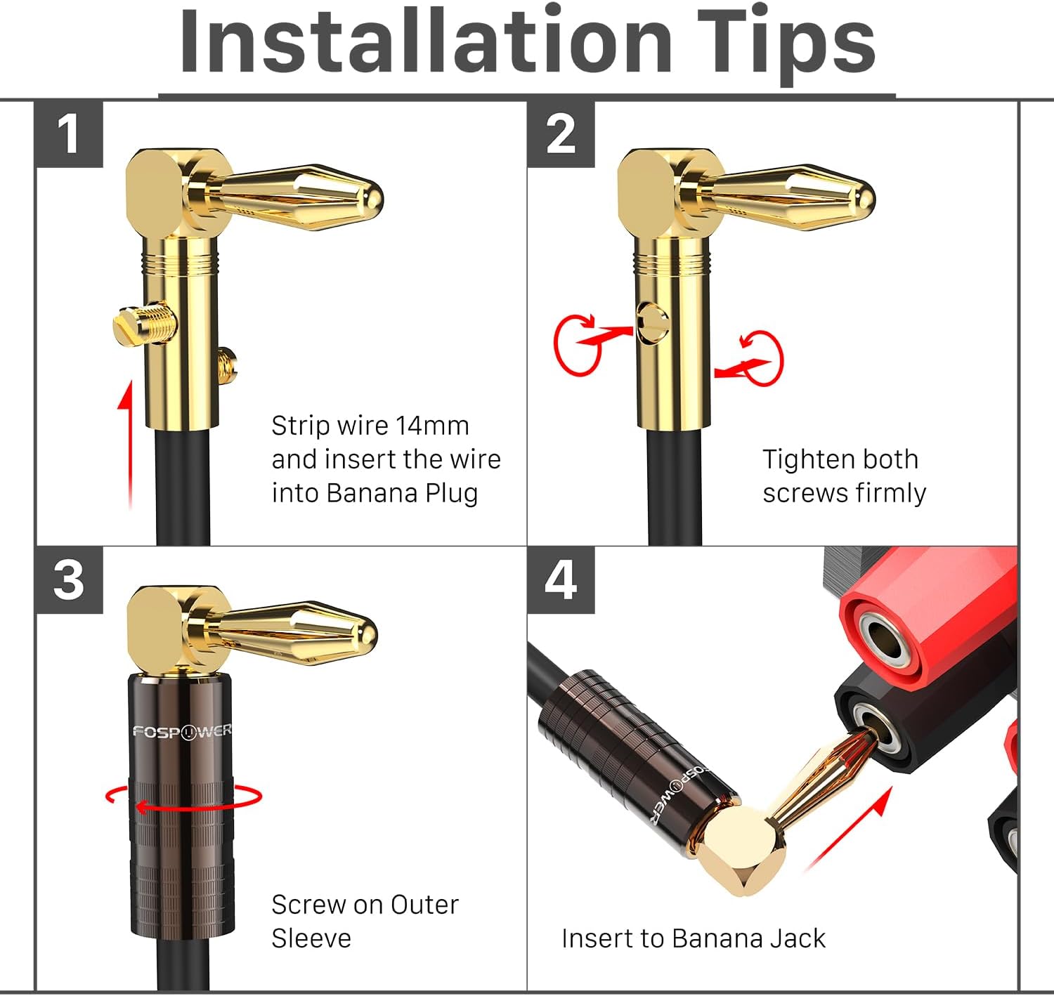 Thumbnail 5 de FosPower Right Angle Banana Plug Speaker Connectors (24K gold plated, 2 pairs / 4 pcs)