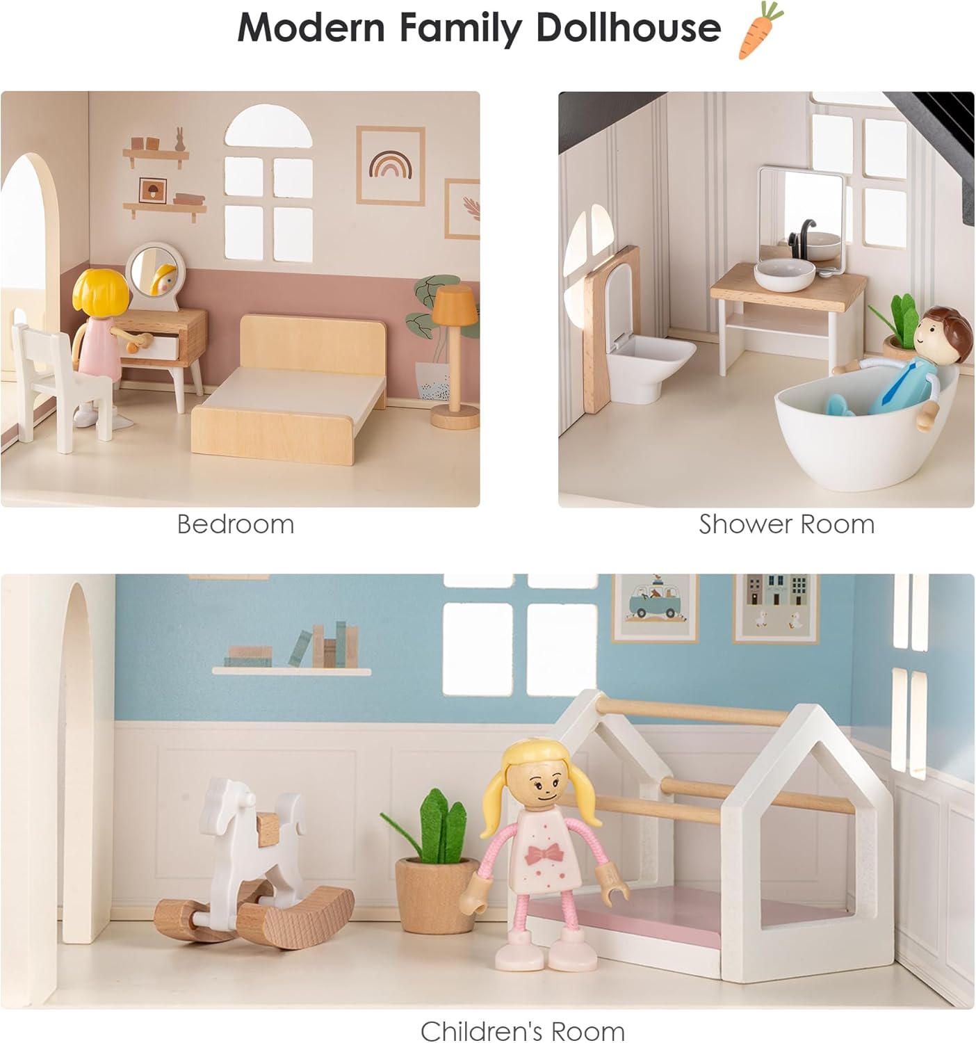 Thumbnail 2 de Wooden Dollhouse for Kids: 6-Room Modern Open-Plan Playset with 26 Furniture Pieces