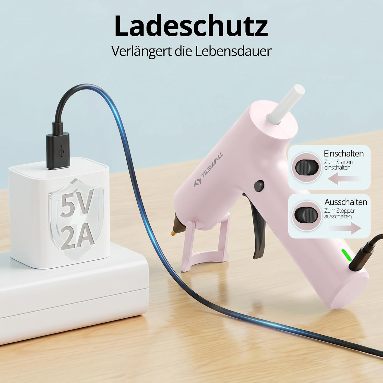 Detalle de Tilswall Kabellose Heißklebepistole – Mini, 2000 mAh Akku, 170 °C, 40–60 min Laufzeit, 20 Klebestifte, Rosa