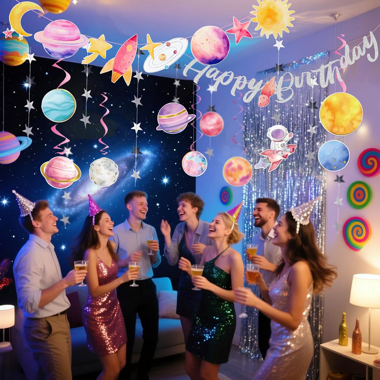 Thumbnail 3 de EASY JOY Weltraum Deko Happy Birthday Girlande 3D Papierdekoration Planet Spiralen Space Astronauten