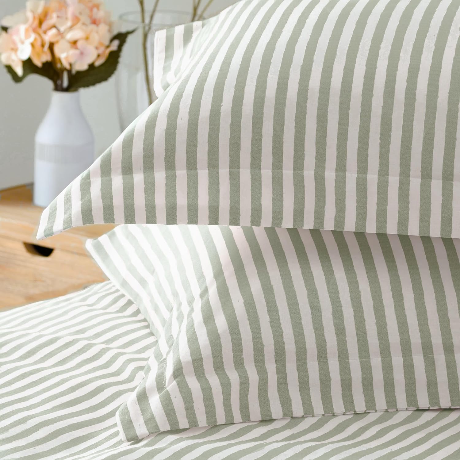 Detalle de The Linen Yard Hebden HEBDEN/D01/EUC – bawełniany komplet pościeli Twin w zielone paski