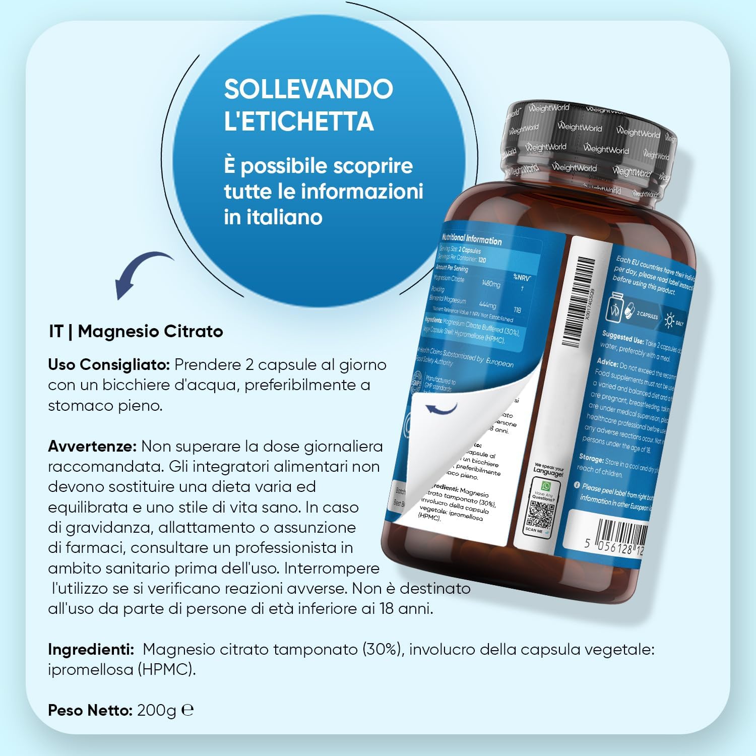 Detalle de WeightWorld Magnesio Citrato Tamponato 30% 444 mg: 240 capsule vegane (4 mesi)