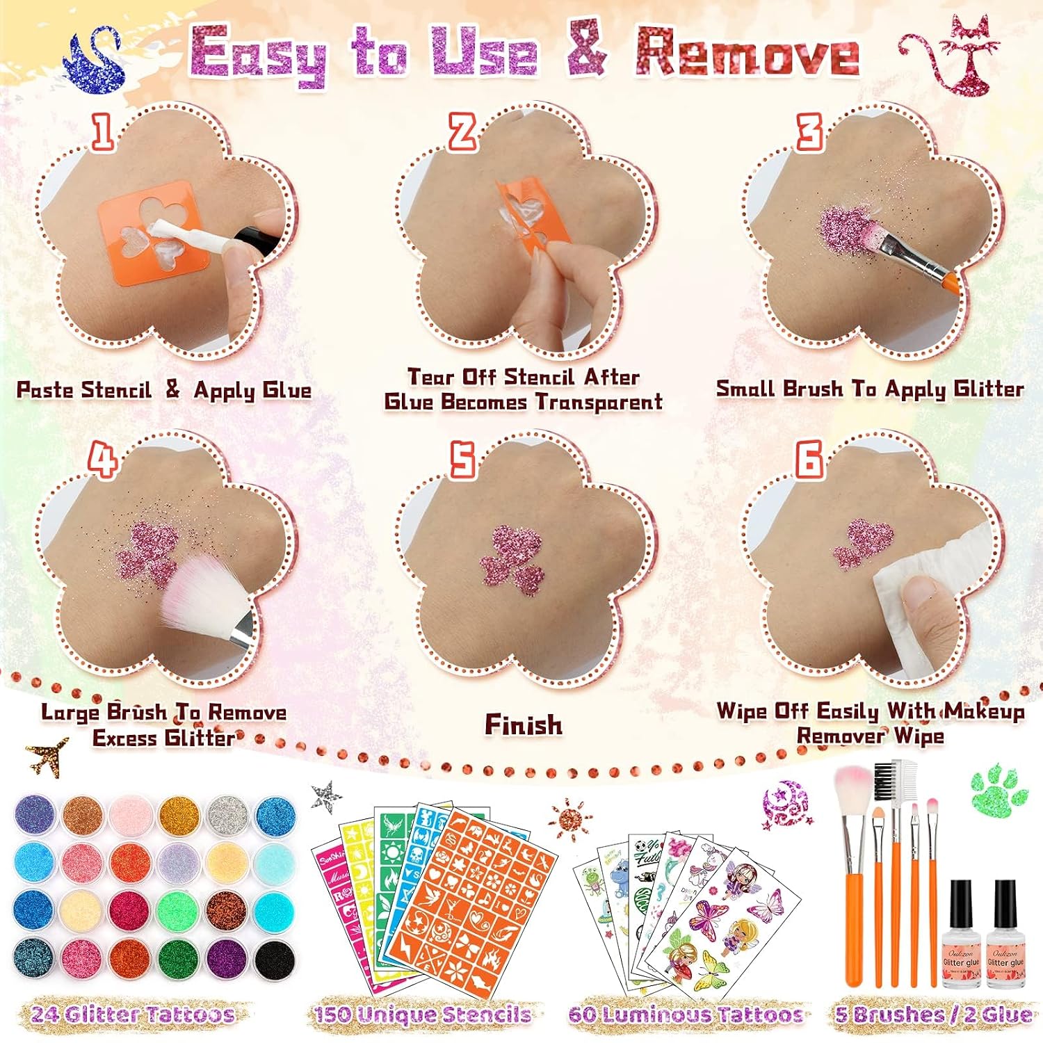 Thumbnail 6 de AUKZON Glitzer Tattoo Set Kinder – temporäre Glitzertattoos mit 24 Farben & 150 Schablonen