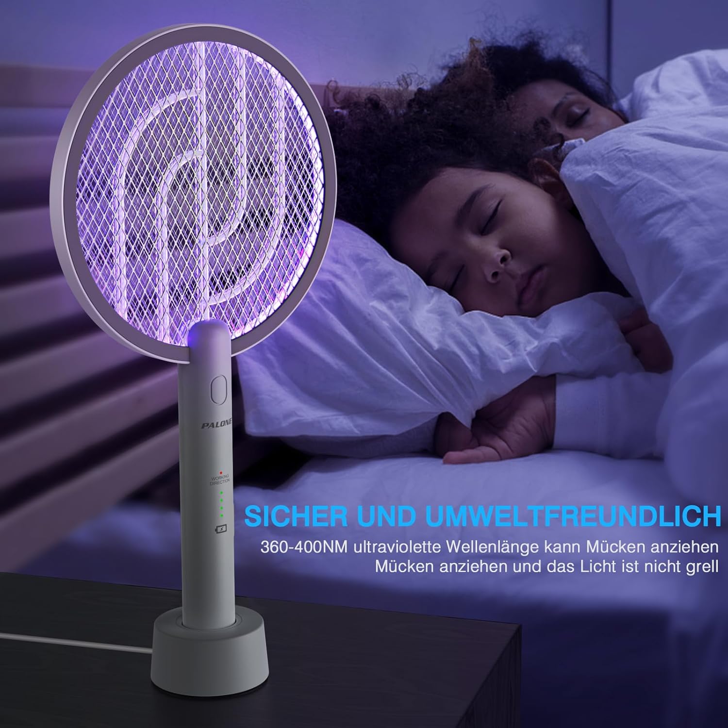 Detalle de PALONE Elektrische Fliegenklatsche Insektenvernichter 2-in-1: 4000V, UV-Lampe, USB-Aufladung