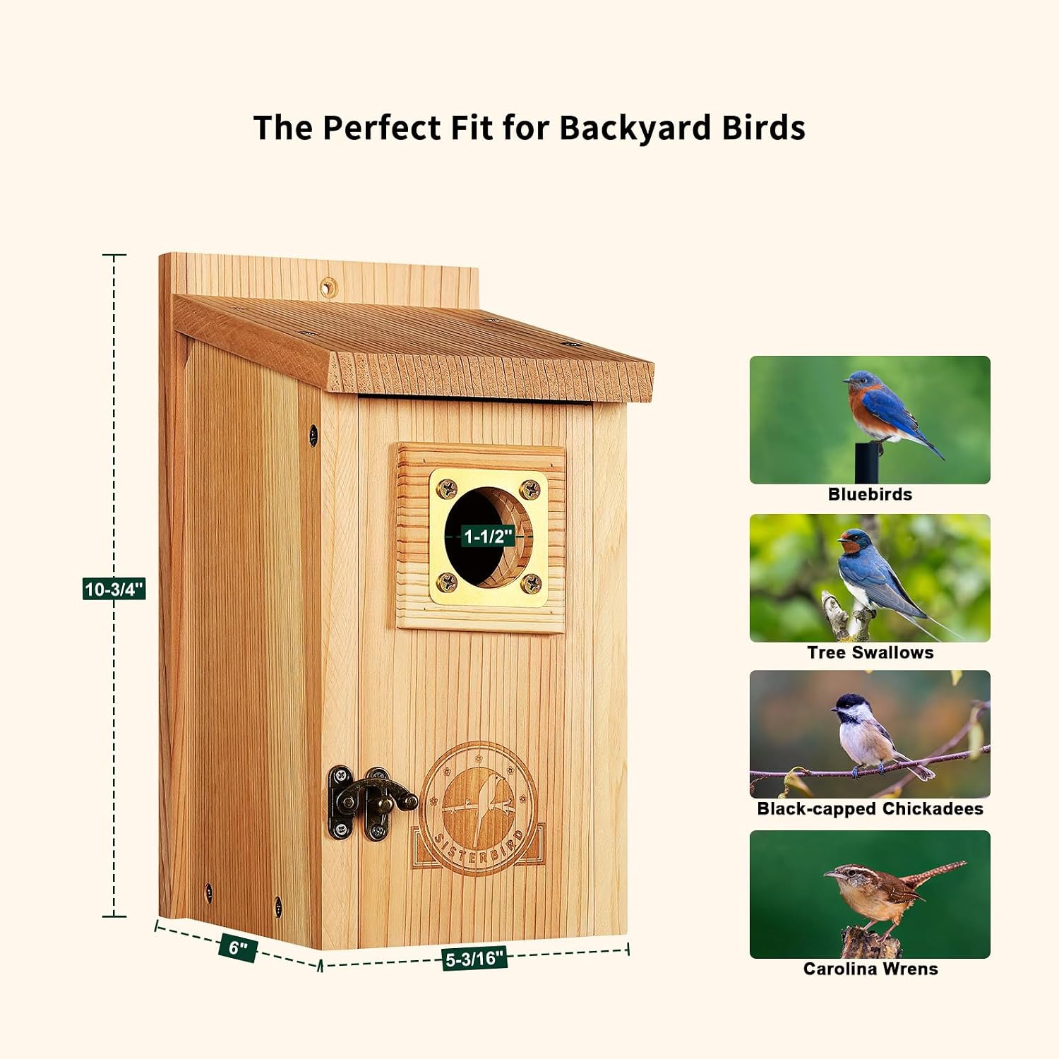 Detalle de SISTERBIRD 2-Pack Cedar Bird Houses with Copper Guard — Outdoor Bluebird, Wren, Swallow, and Chickadee Homes