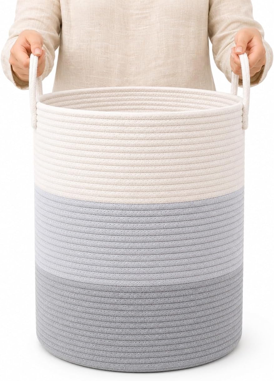 OrganiHaus Large Cotton Rope Laundry Basket (38x45cm) – Hand-woven, Grey