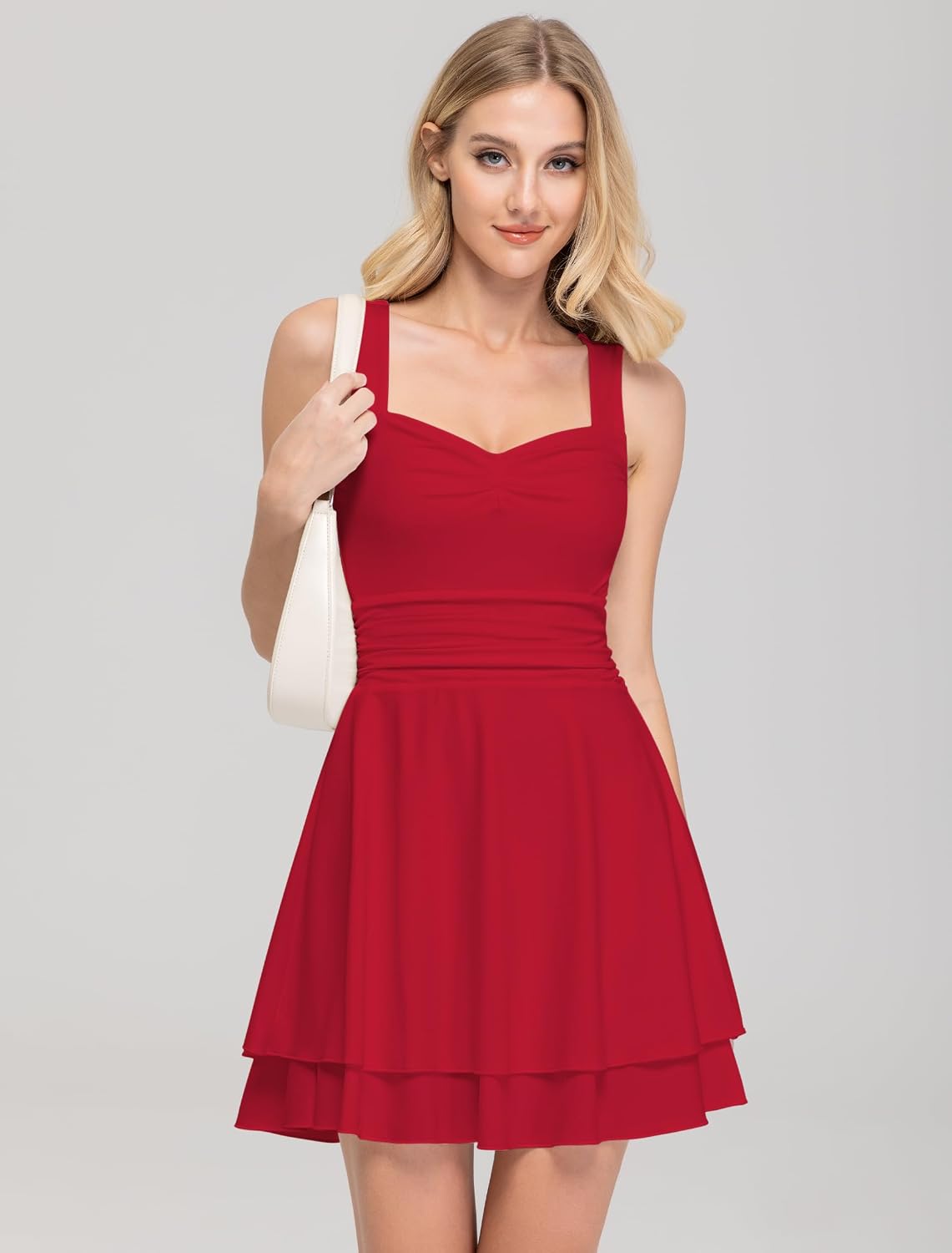 Detalle de IWD Women's Square Neck Sleeveless Mini Dress with Ruched Waist and Tiered Ruffle Hem