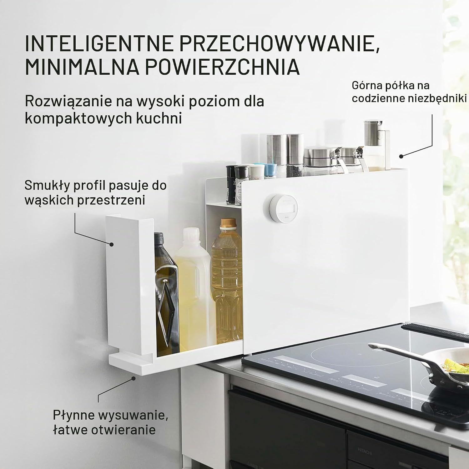 Detalle de YAMAZAKI Tower 6003 wysuwany regał na przyprawy, biały, stal i polipropylen