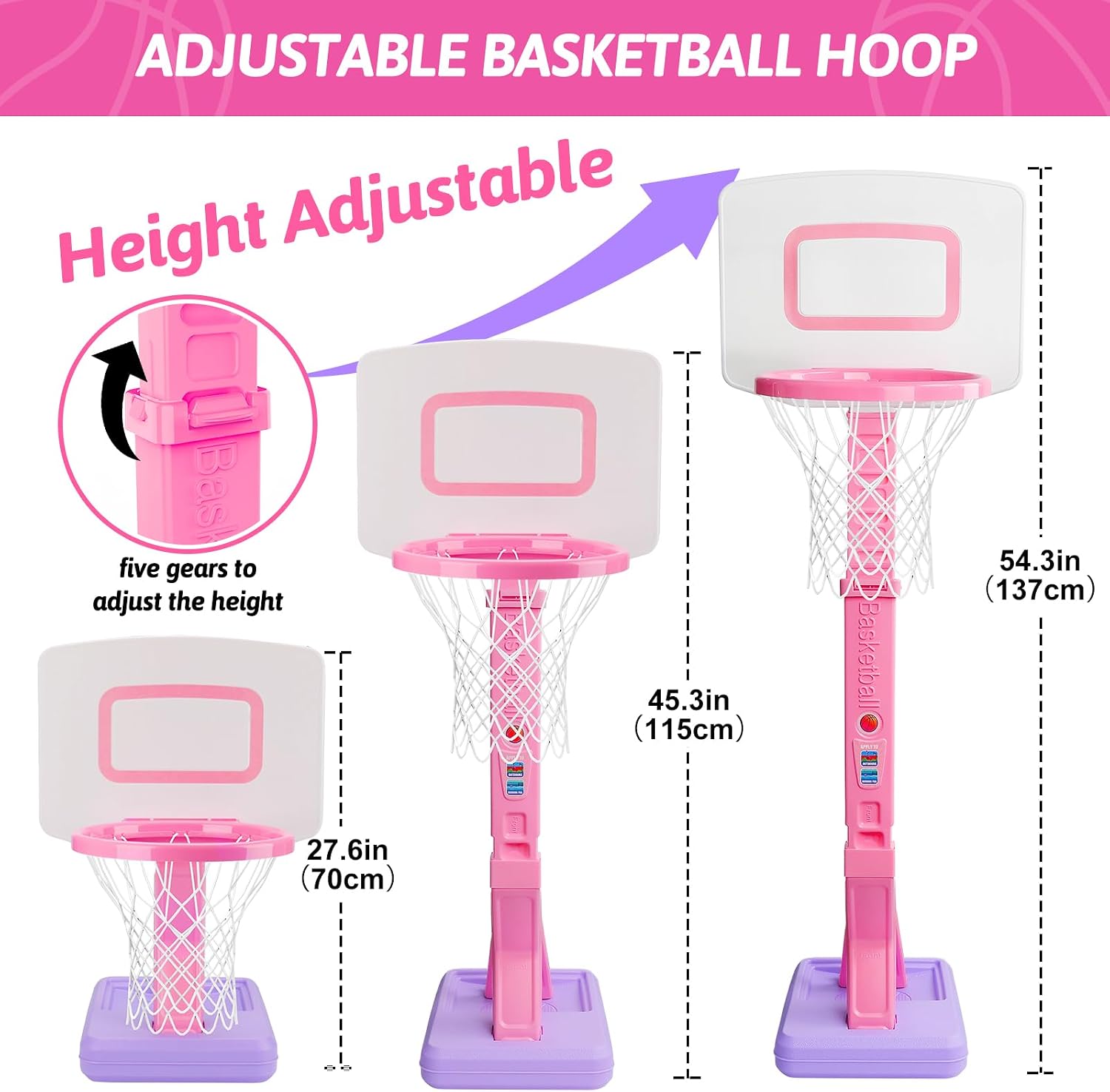 Detalle de Basketball Hoop and Stand for Kids – Adjustable Height 2'3"–4'7" with Balls (Indoor/Outdoor)