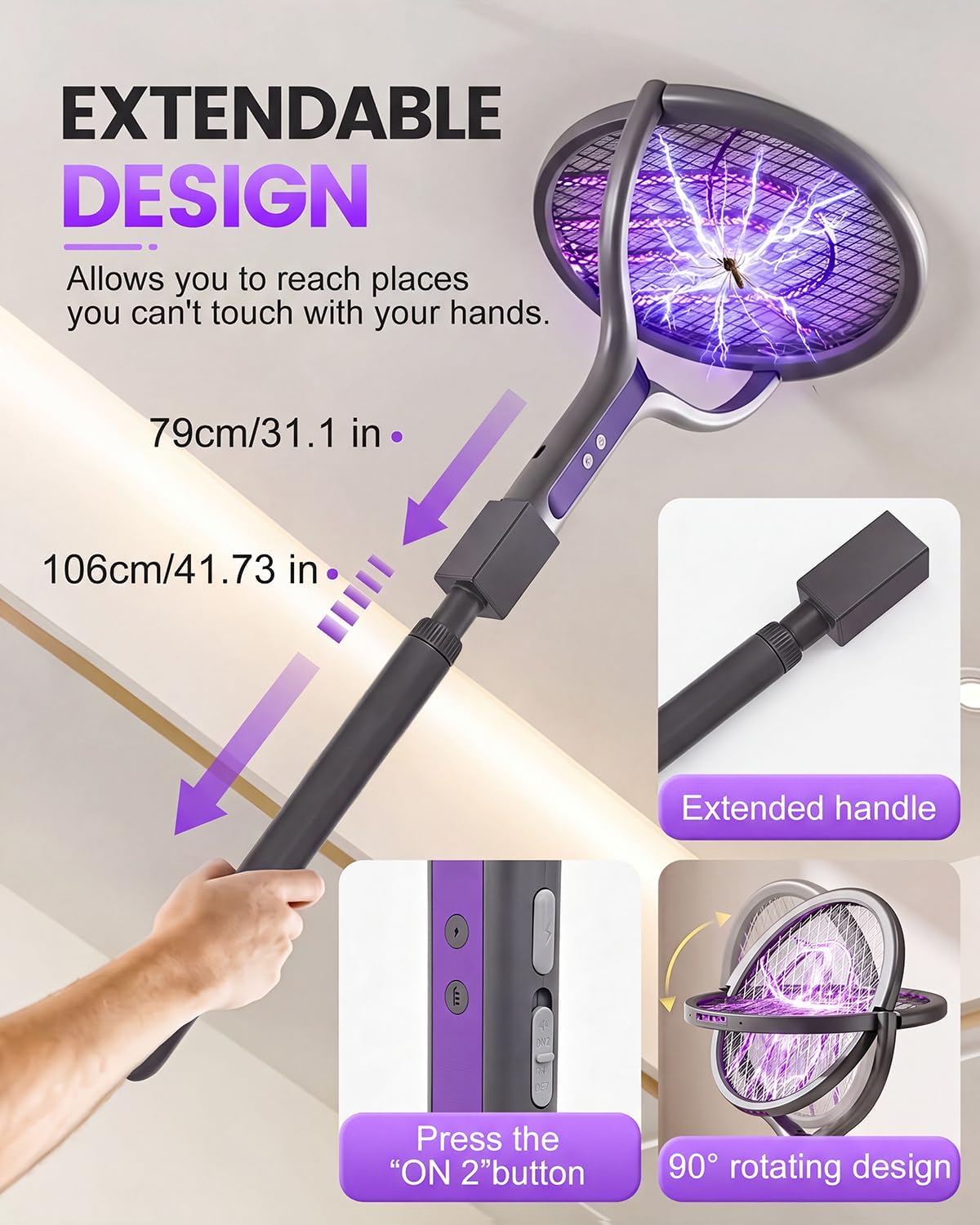 Thumbnail 1 de Molxss Rotating Head Electric Mosquito Swatter 4000V with Telescopic Extension