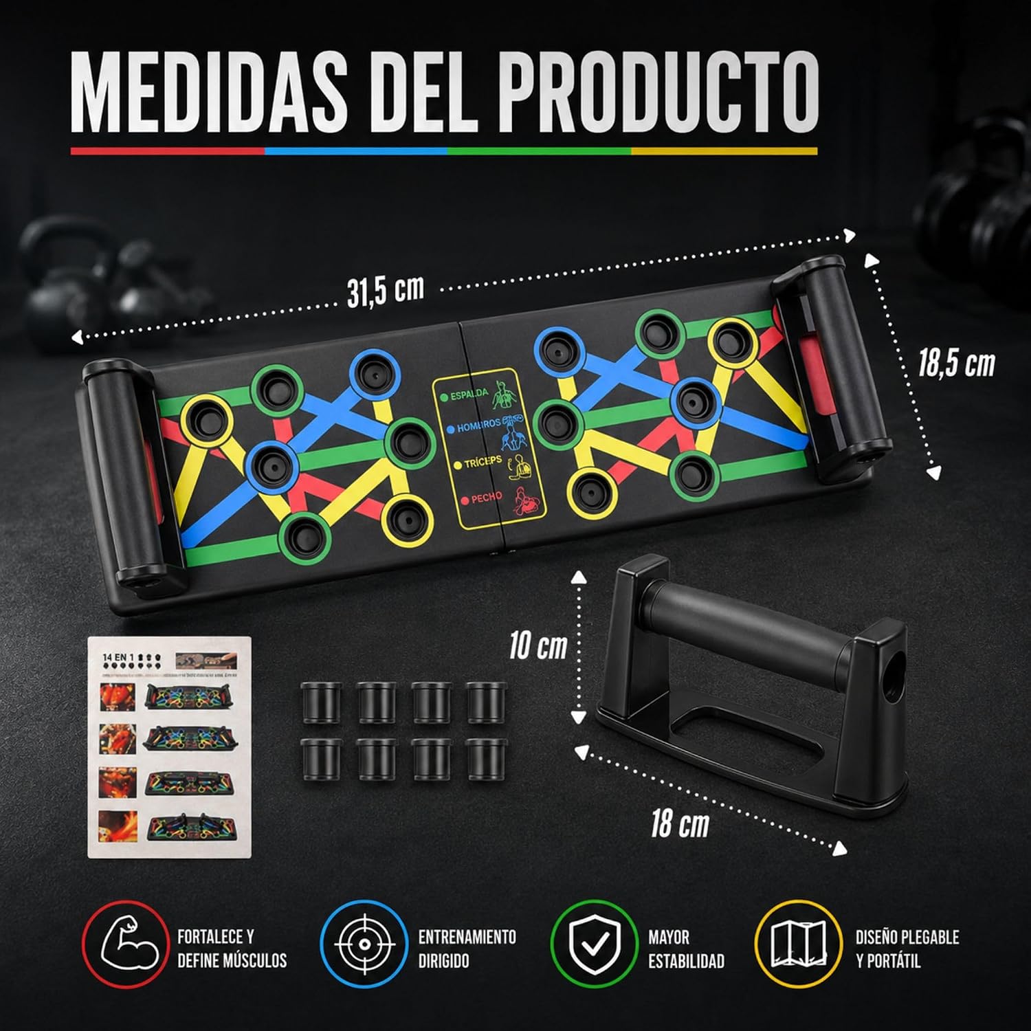 Detalle de MAGIC SELECT 14-in-1 push-up-board met kleurcodes en antislip handgrepen