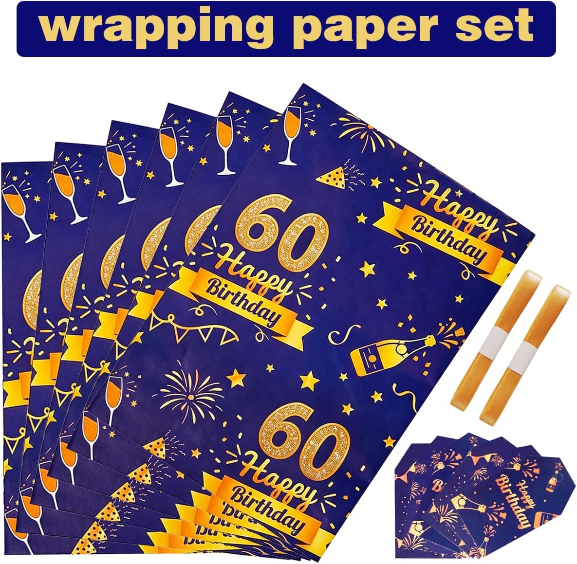 Detalle 2 de 60th Birthday Wrapping Paper Set with Tags & Ribbons (Blue & Gold)