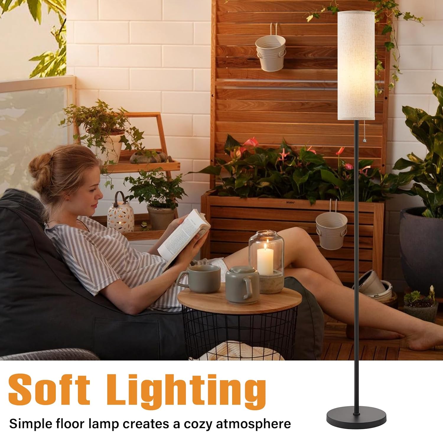 Detalle 2 de Ambimall ABM-0430 Floor Lamp with 9W LED Bulb, Beige Linen Shade