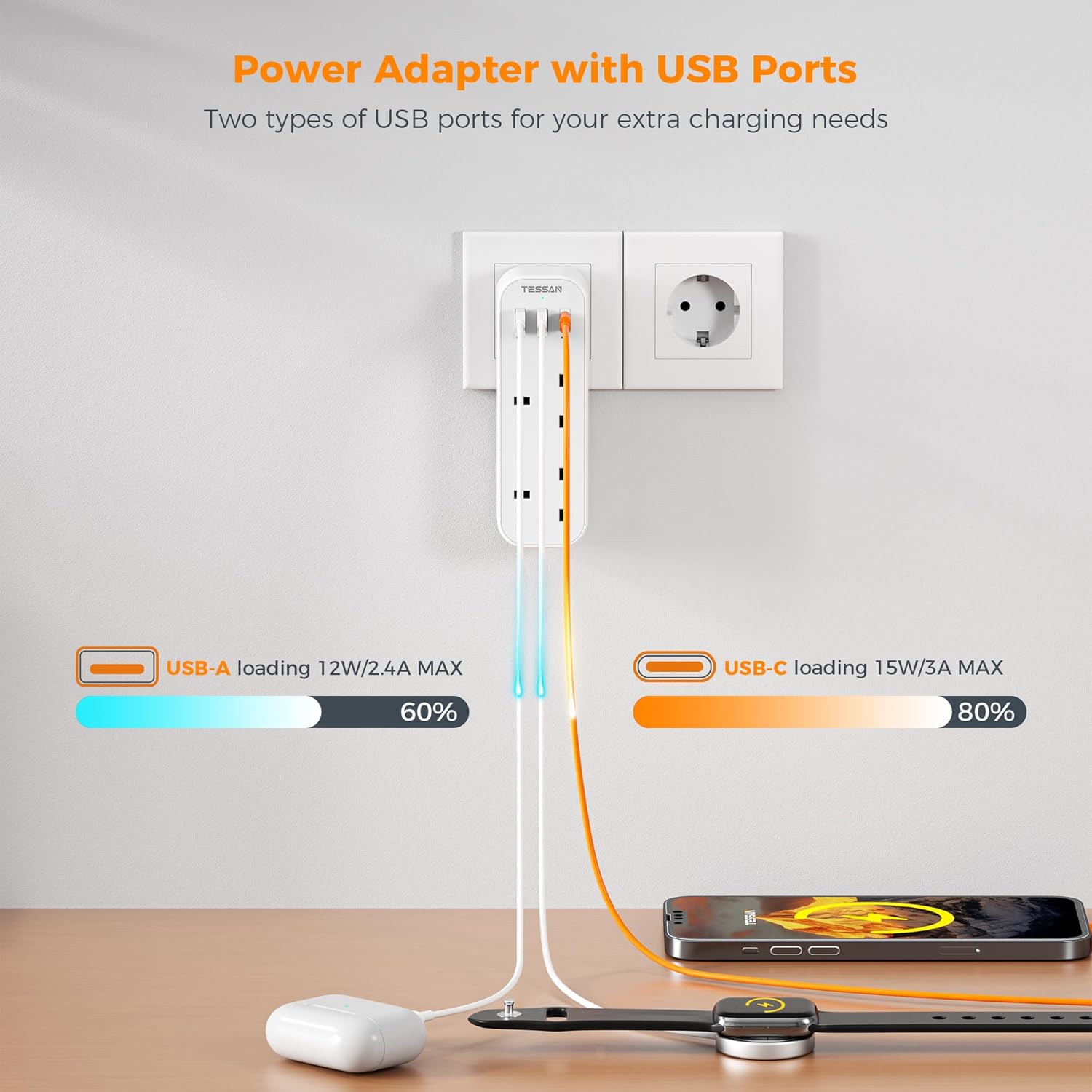 Thumbnail 3 de TESSAN UK to European Plug Adapter with 3 USB (1 USB-C) – Type E/F Schuko Travel Adapter for EU & more
