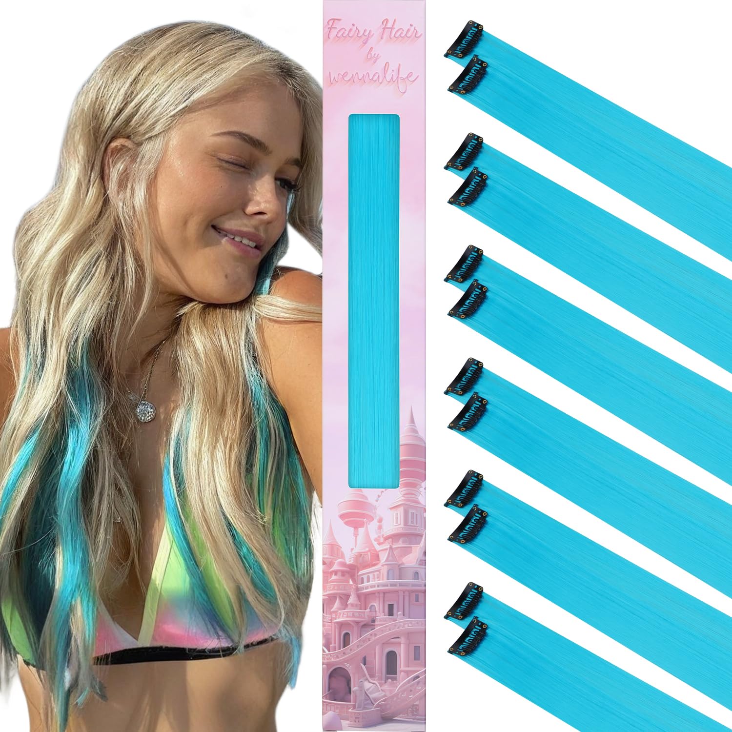 Detalle de WENNALIFE WESCP#SkyBlue 12-Piece Sky Blue Clip-In Hair Extensions, 22-Inch Synthetic