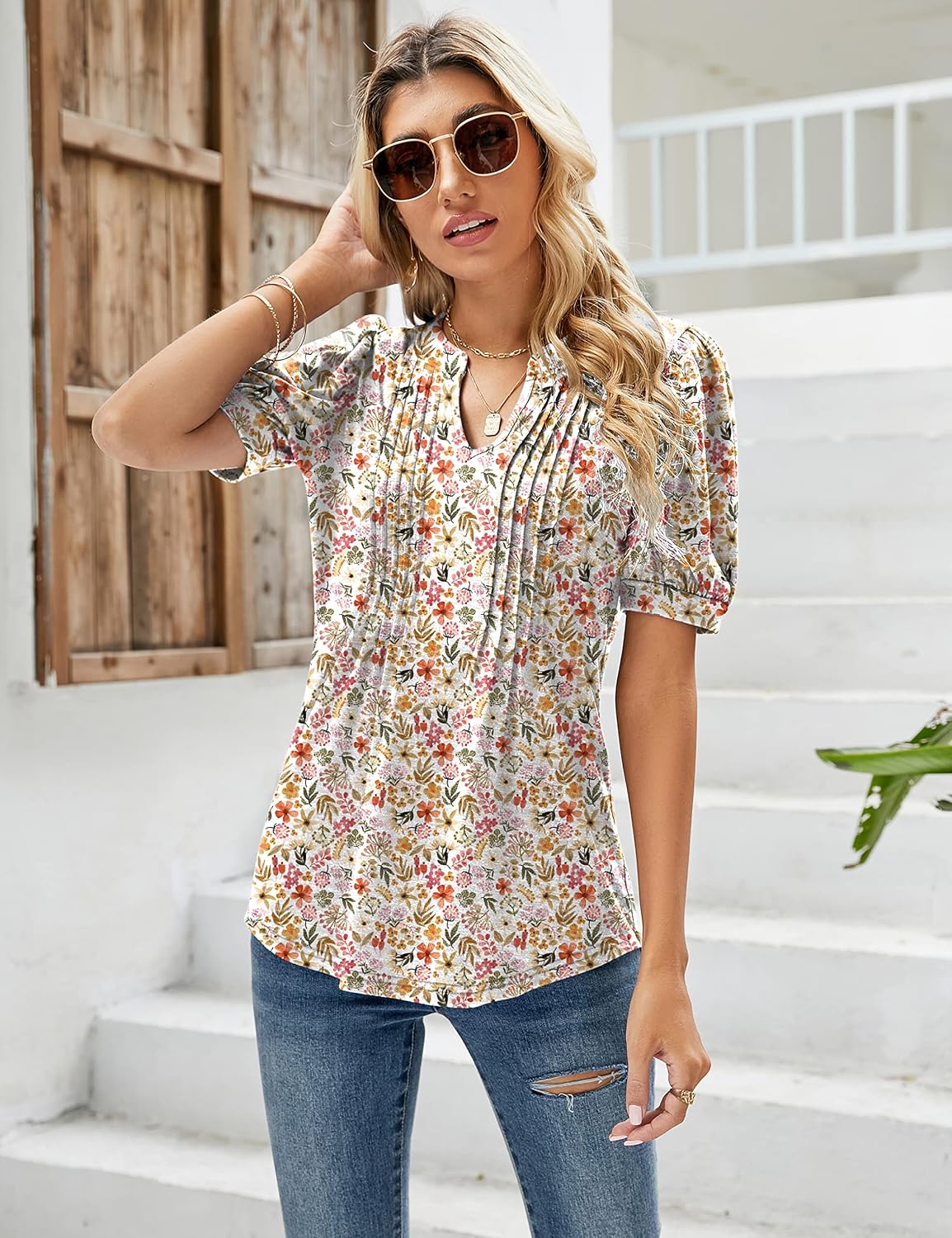 Thumbnail 3 de EFFAN V Neck Puff Sleeve Floral Top