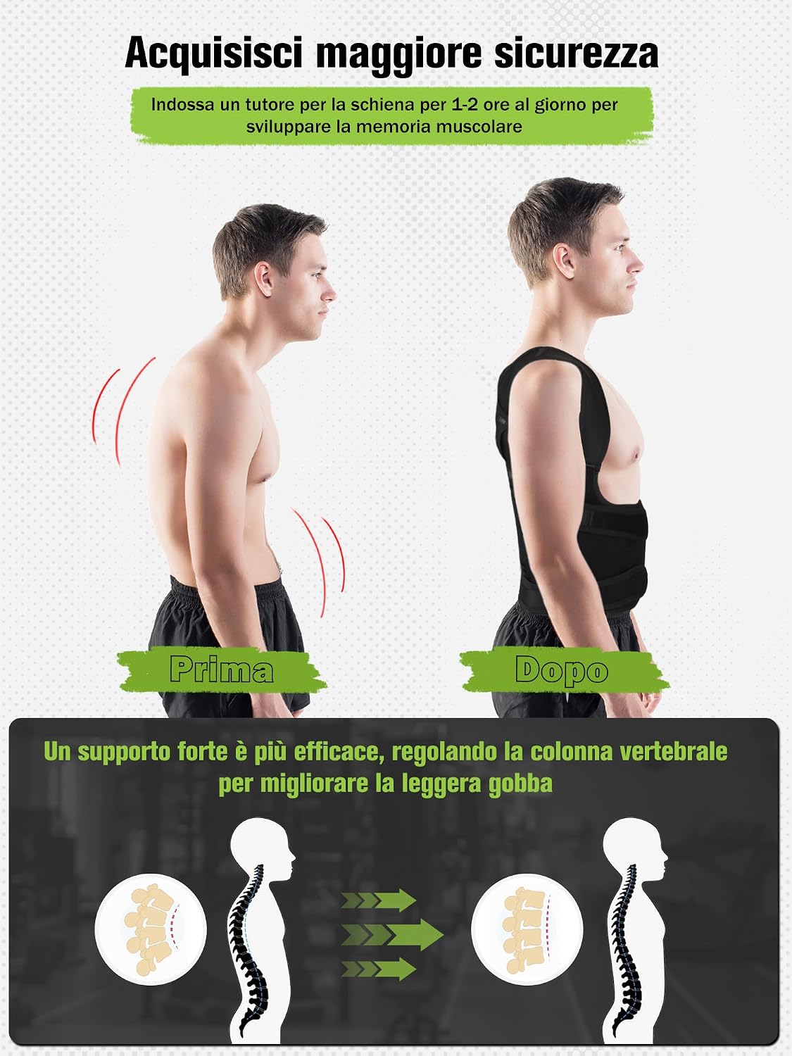 Detalle de Fascia Posturale Spalle e Schiena Uomo: Correttore Posturale 2 in 1 per Busto e Lombare