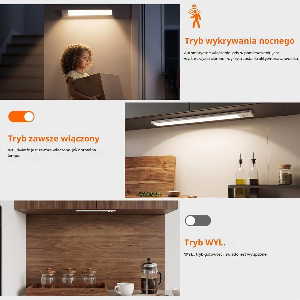 Detalle 2 de Ainiv zestaw 2 lamp LED 20 cm z czujnikiem ruchu, 3 barwami i USB-C