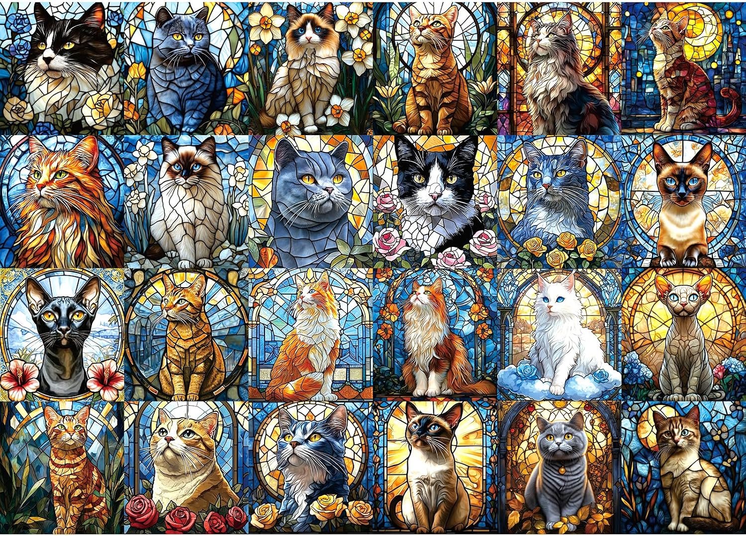 Detalle de Blueforest 1000-piece Puzzle Stained Glass Cats 🧩