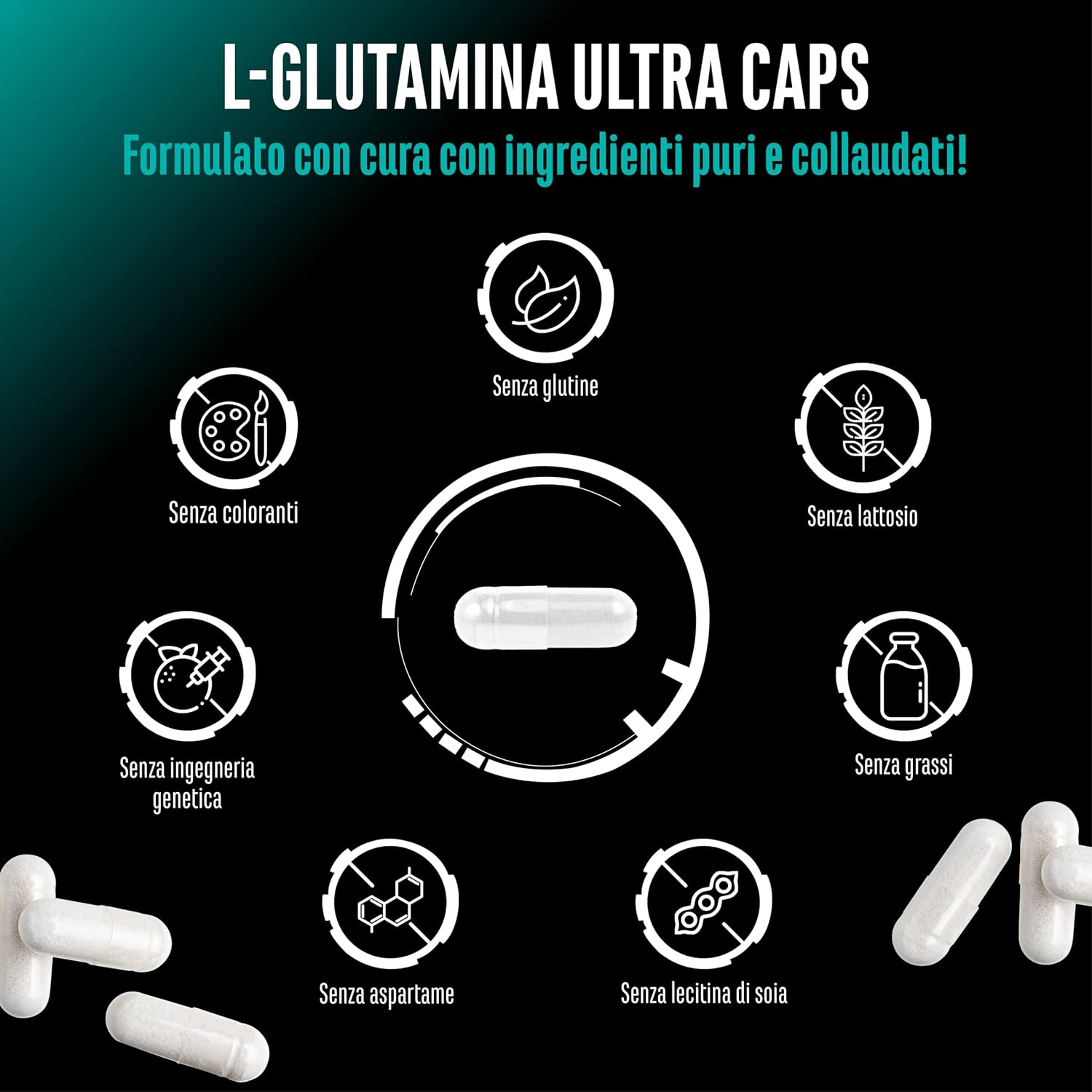Detalle 2 de L-glutammina Ultra Caps (365 capsule da 1100 mg) – L-glutammina pura in capsule ad alto dosaggio