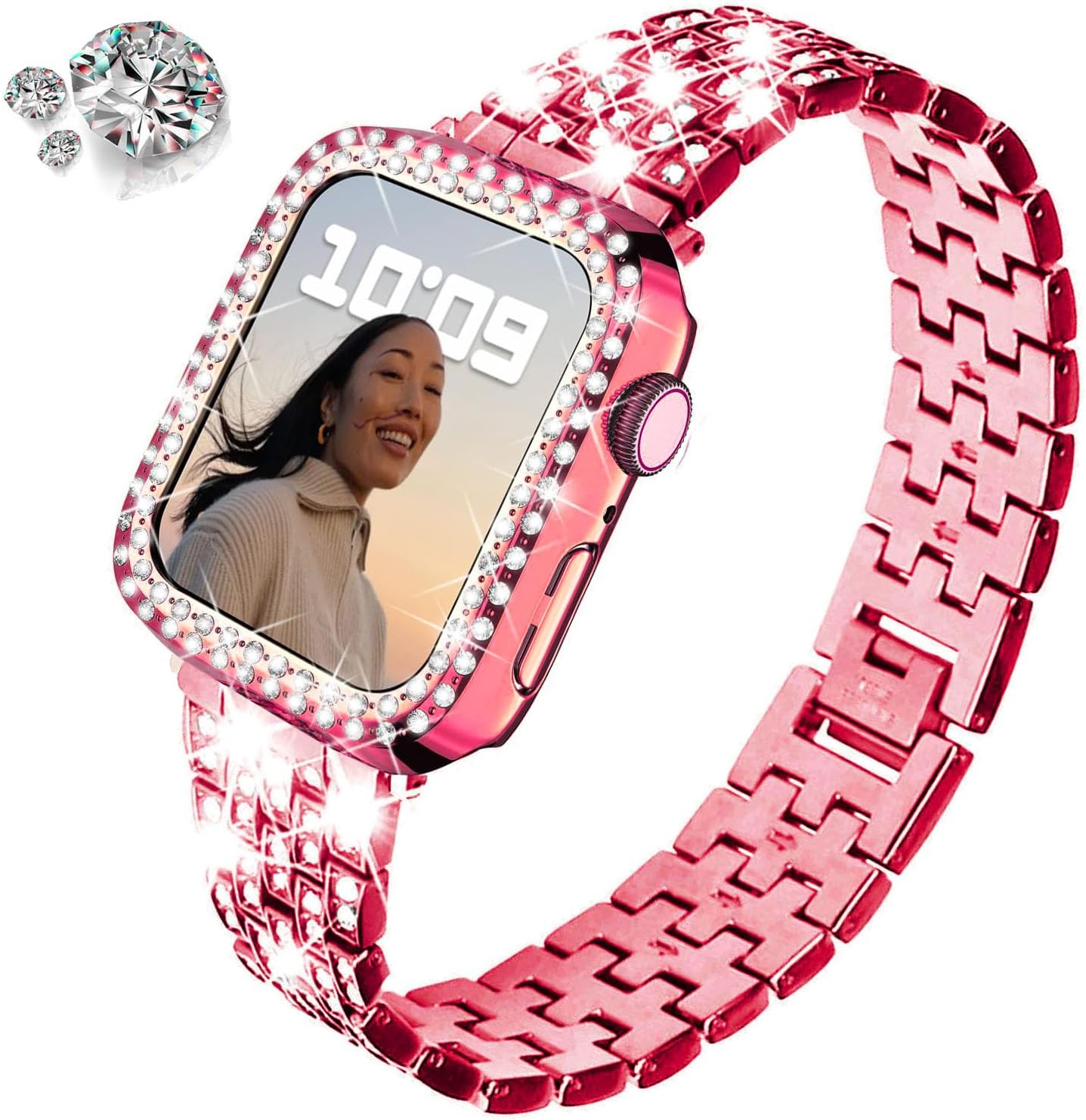 Thumbnail 1 de DEALELE Bling Diamond Metal Band with Protective Case for Apple Watch (40mm Series 6/5/4/SE, 42mm–49mm variants listed)