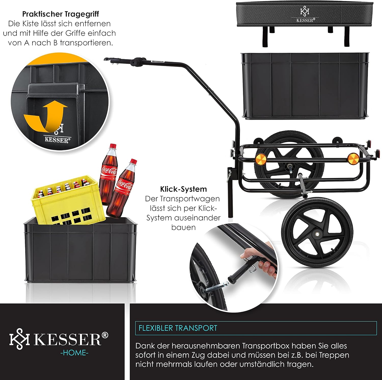 Detalle 2 de KESSER Fahrradanhänger/Lastenanhänger mit Kupplung, Hochdeichsel und 70-Liter-Transportbox (für 2 Bierkästen)
