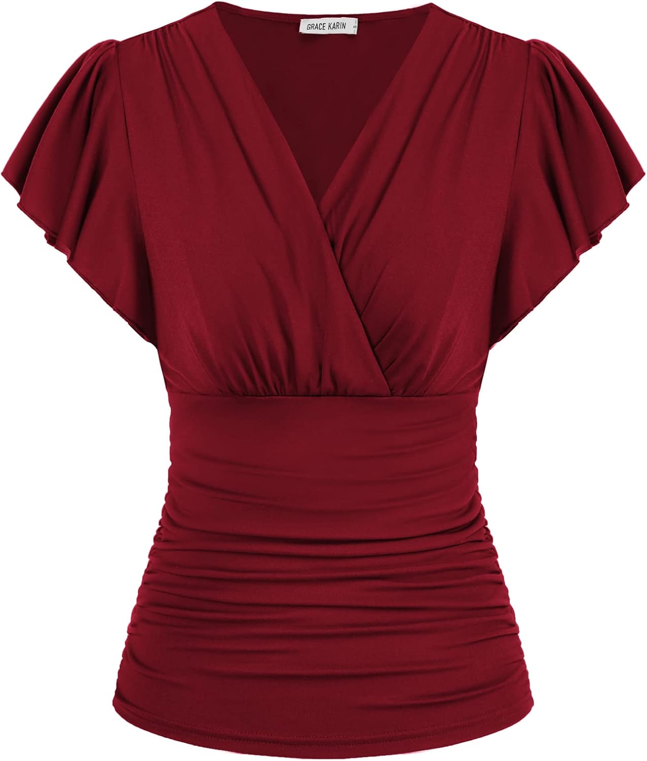 Detalle de GRACE KARIN Women’s V-Neck Ruched Summer Top with Ruffle Sleeves (Short Sleeve)